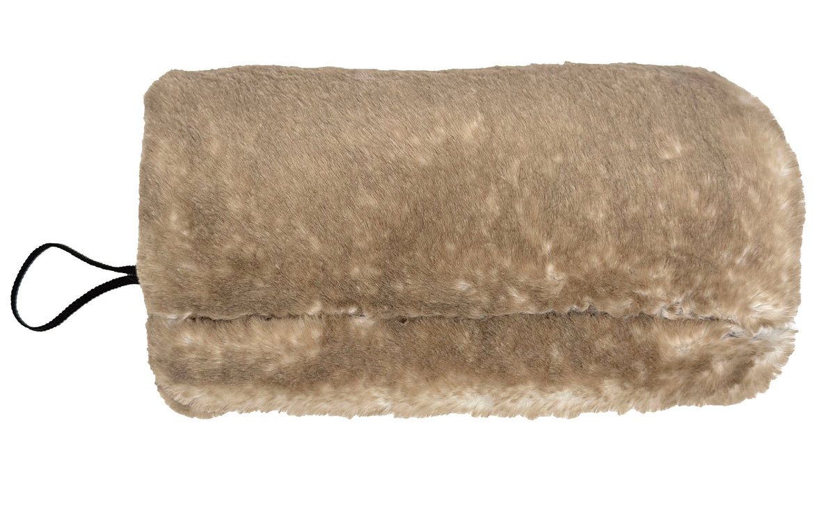 Muff in Coastal Plush Golden Bluff Faux Fur with a zippered pocket and wristlet. Lining is Classic Luxury Espresso Bean Faux Fur. Made in Seattle, WA, USA by Pandemonium Seattle.