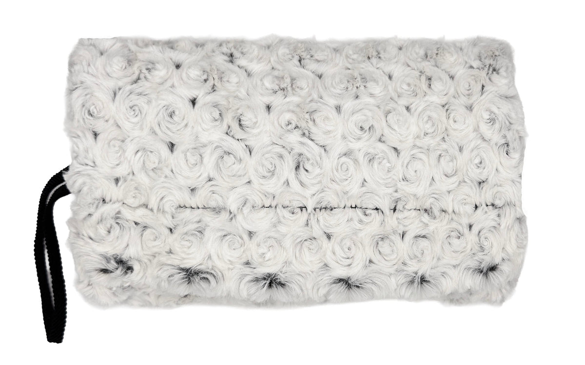 Muff in Rosebud Black Faux Fur, shown with wrist strap. Made in Seattle, WA, USA by Pandemonium Seattle.