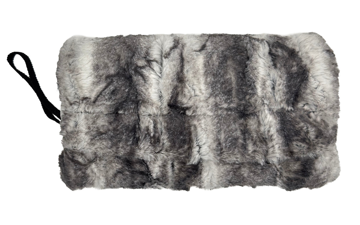  Faux Fur Muff in Coastal Plush Golden Bluff with wristlet and features a zippered pocket with a zippered pocket. Lining is Classic Luxury Espresso Bean Faux Fur. Made in Seattle, WA, USA by Pandemonium Seattle. 