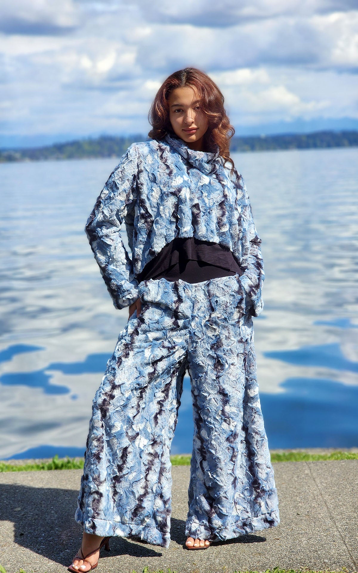model wearing northwest pullover top and wide leg pants in rainier sky faux fur handmade by Pandemonium Seattle in the USA