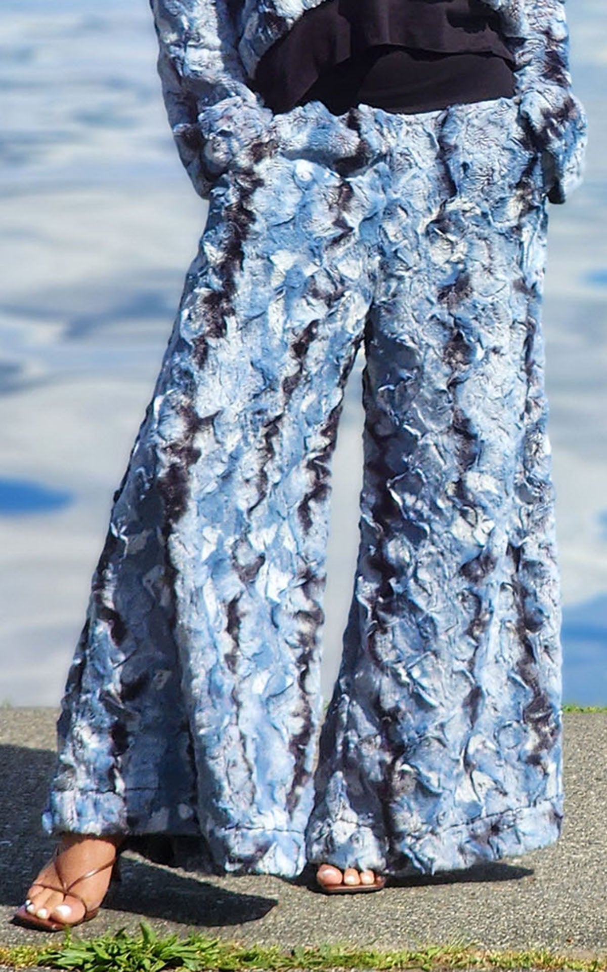 Northwest Pants in Rainier Sky. NW Pants are wide leg and made of luxurious faux fur. Made by Pandemonium Seattle.