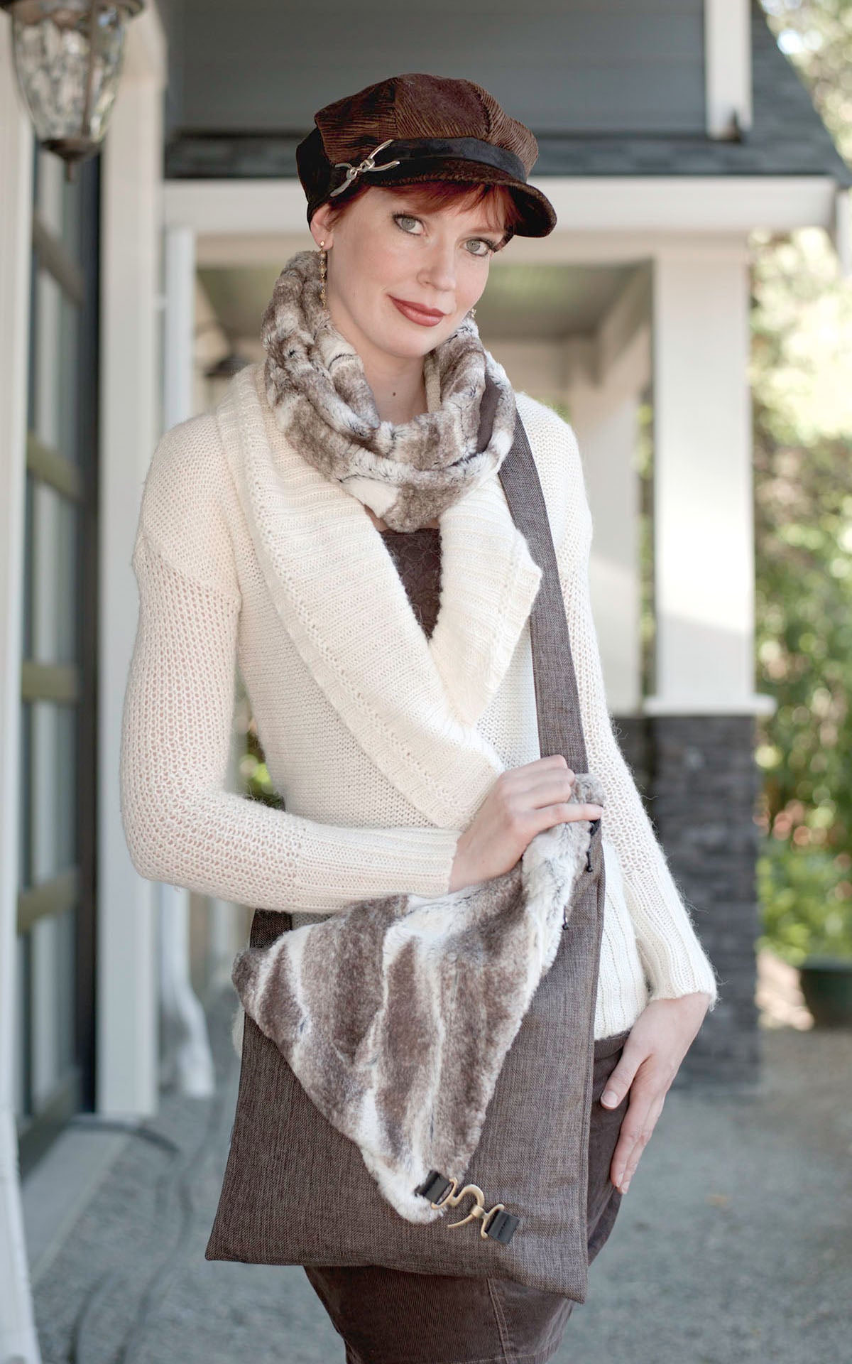 Woman with Naples Messenger Bag and Valerie Cap | Origin in Java with Birch brown cream Faux Fur Flap | handmade in Seattle WA by Pandemonium Millinery USA