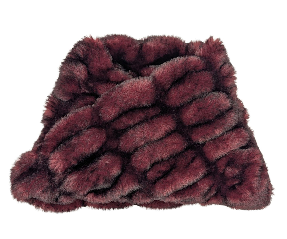 The Royal Opulence Neck Warmer in Cherry Bomb, a deep cherry plush faux fur. Made in Seattle, WA, USA by Pandemonium Seattle.