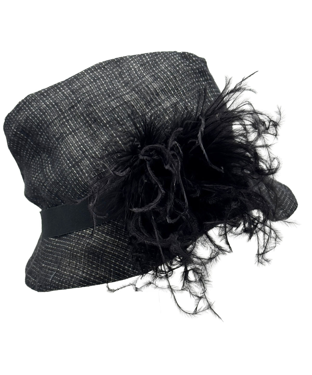 Olivia Fedora Linen in Black / 
White Micro Plaid with Ostrich Trim | Handmade in Seattle WA | Pandemonium Millinery