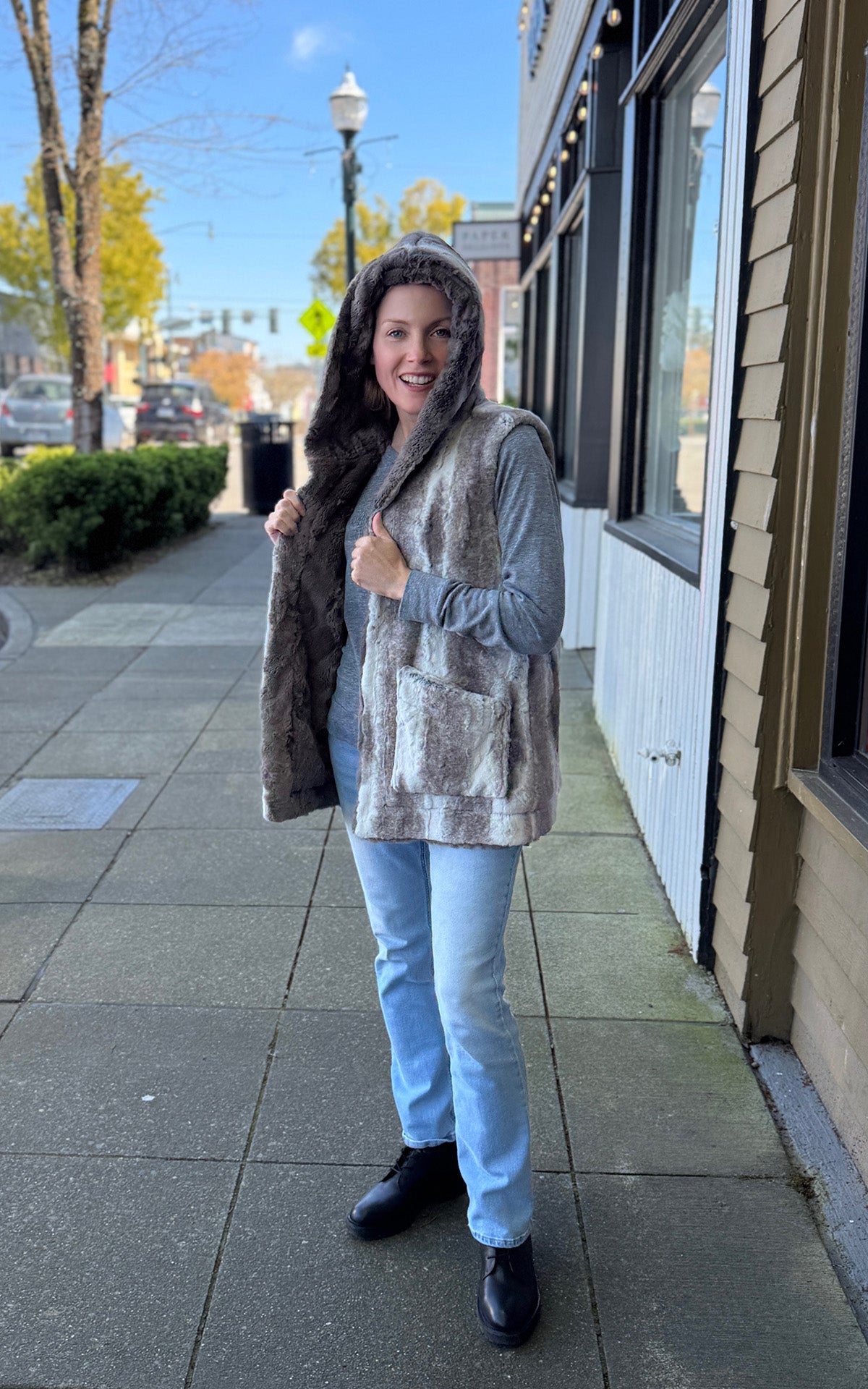 Oversized Hoody Vest in Driftwood with Cuddly Taupey on reversible side. Shown hood up and displaying Taupey side. Made in Seattle, WA, USA by Pandemonium Seattle.