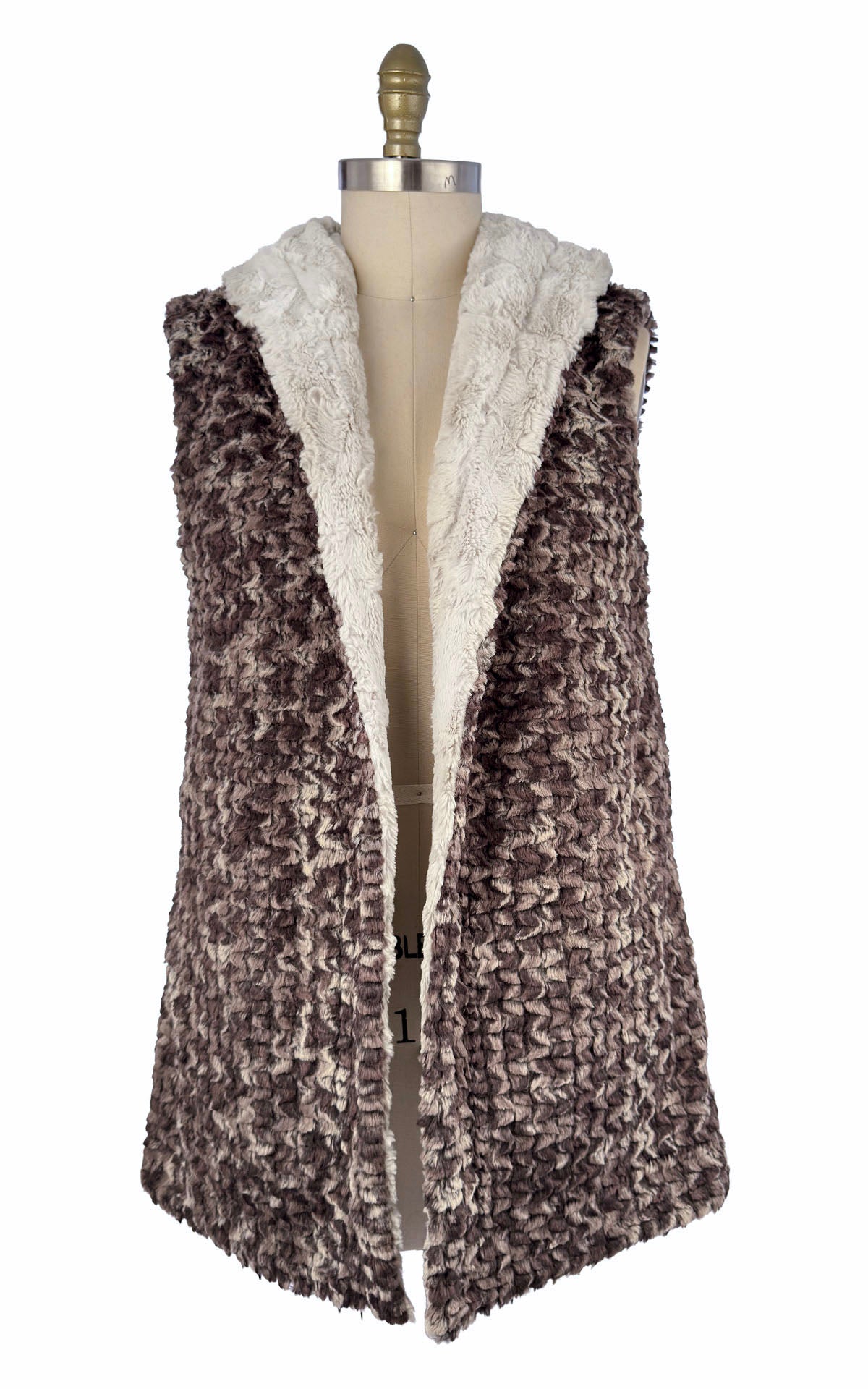 Reverse side of Oversized Hooded Vest in Cuddly Faux Fur Sand with Calico faux fur.  Handmade  in Seattle, WA , USA by Pandemonium Millinery