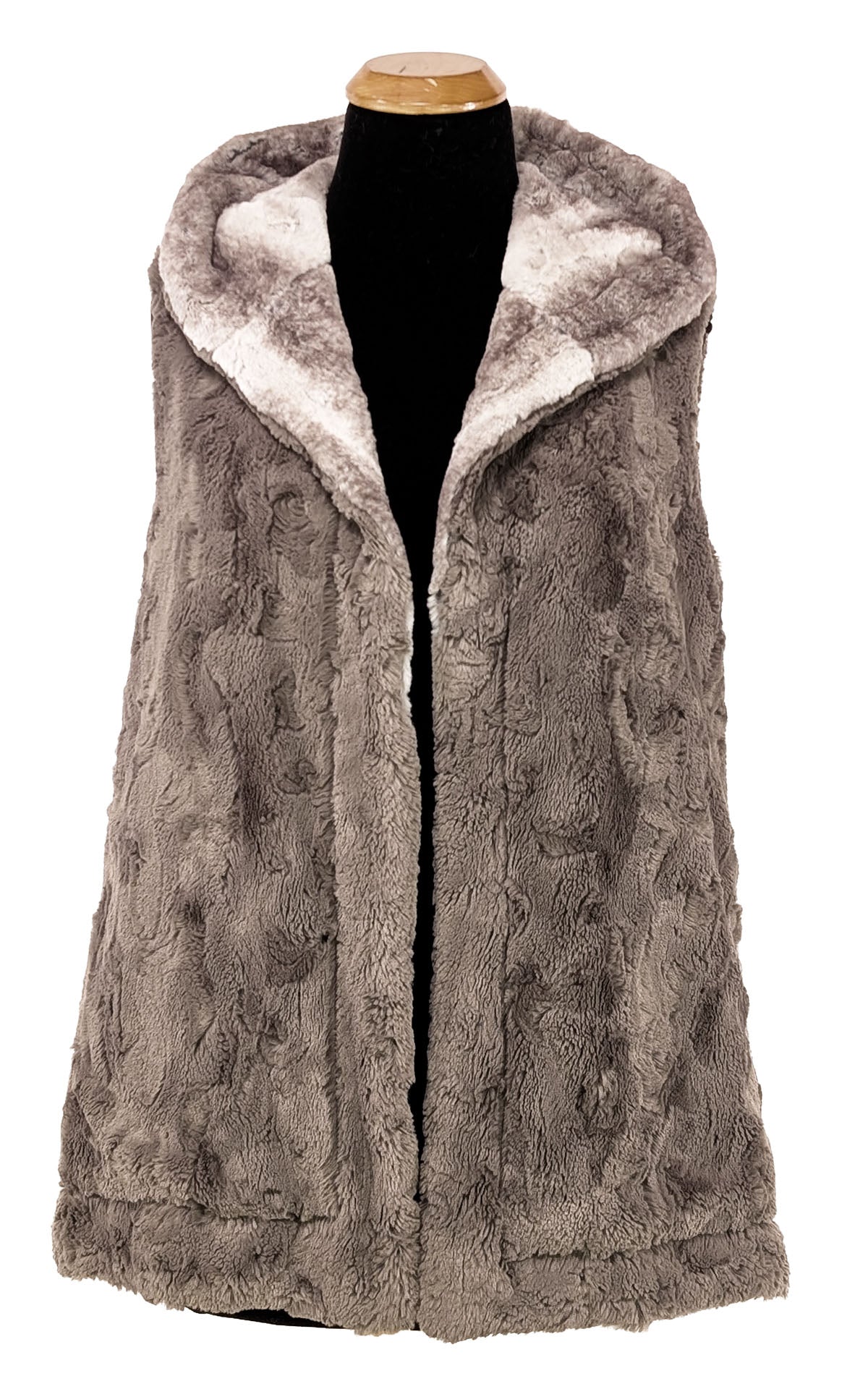 Reversed side view of  the Oversized Hooded Vest in Luxury Faux Fur in Driftwood with Cuddly Faux Fur Taupey.  Handmade  in Seattle, WA , USA by Pandemonium Seattle.