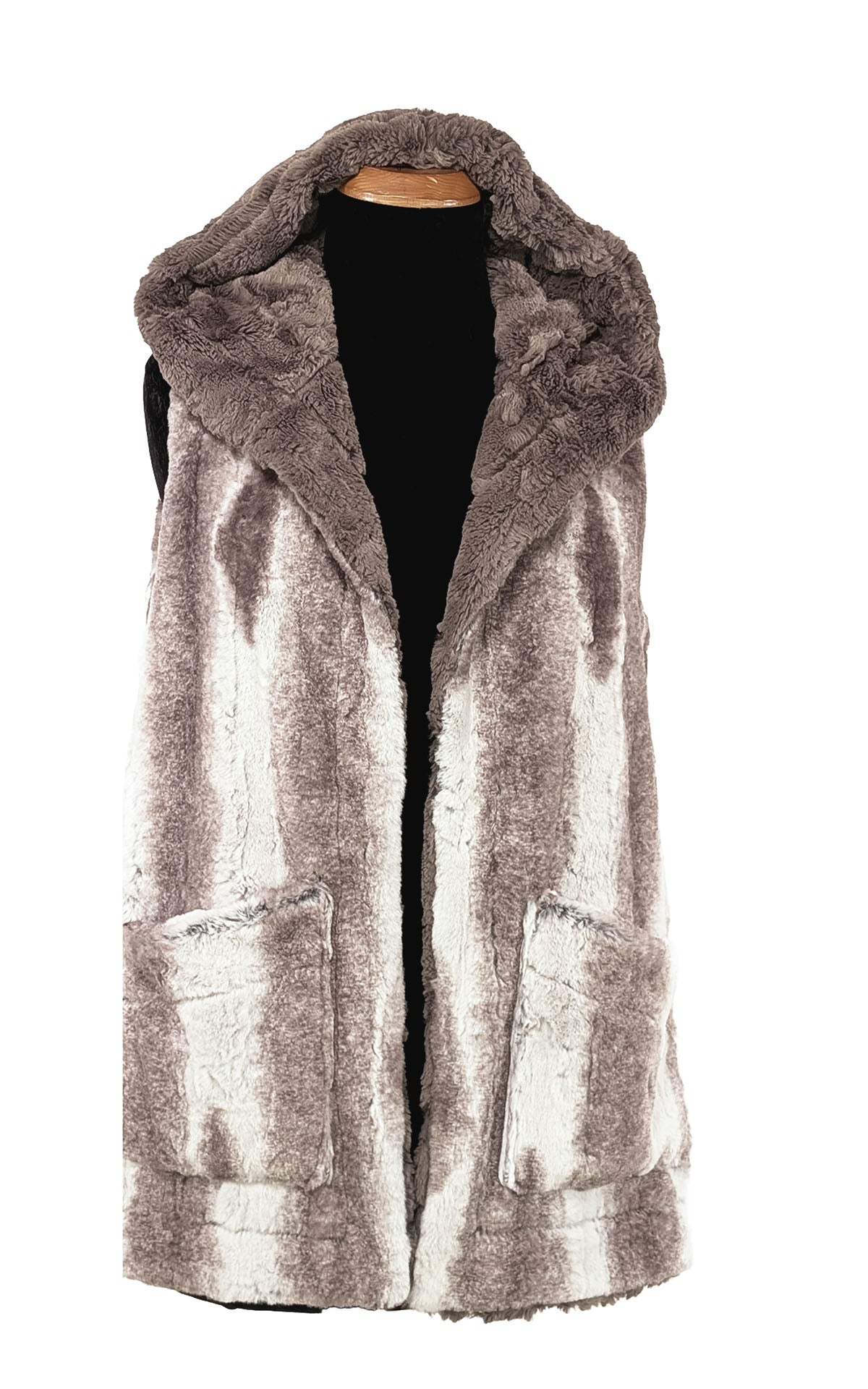 Oversized Hooded Vest in Luxury Faux Fur in Driftwood with Cuddly Faux Fur Taupey.  Handmade  in Seattle, WA , USA by Pandemonium Seattle.