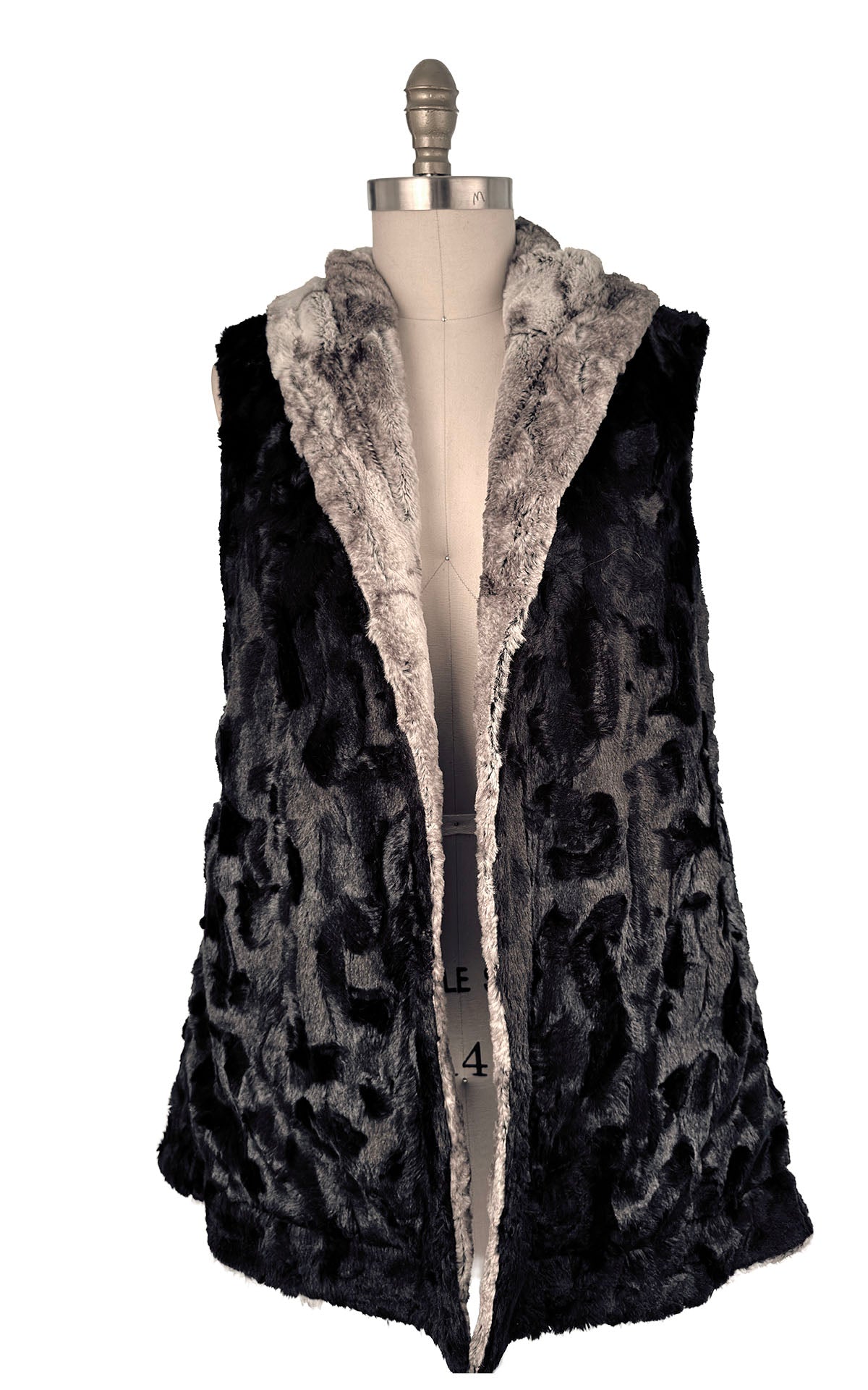 Reversize side of Oversized Hooded Vest in Rocksteady Faux Fur with Cuddly Black.  Handmade in Seattle, WA, USA by Pandemonium