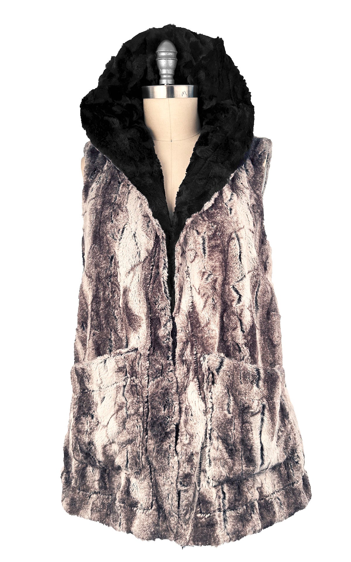 Oversized Hooded Vest in Rocksteady Faux Fur with Cuddly Black featured on a mannequin with hood up.  Handmade by Pandemonium Seattle.