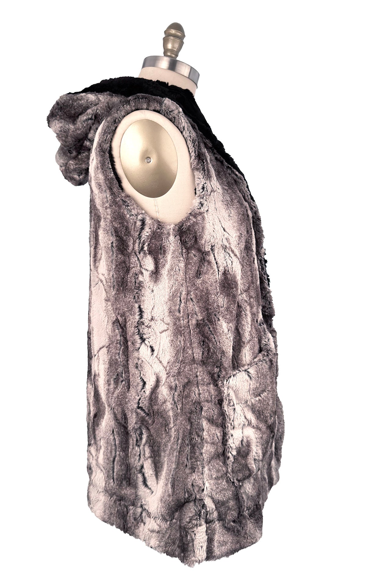 Side view of Oversized Hooded Vest in Rocksteady Faux Fur with Cuddly Black featured on a mannequin.  Handmade  in Seattle, WA , USA by Pandemonium Seattle.