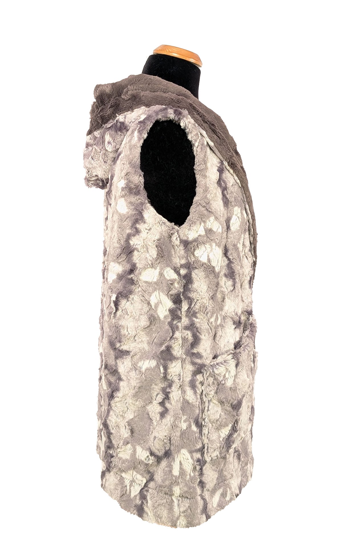 Side view of Oversized Hooded Vest in Luxury Faux Fur in White Water with Cuddly Faux Fur Gray.  Handsewn in Seattle, WA , USA by Pandemonium Millinery
