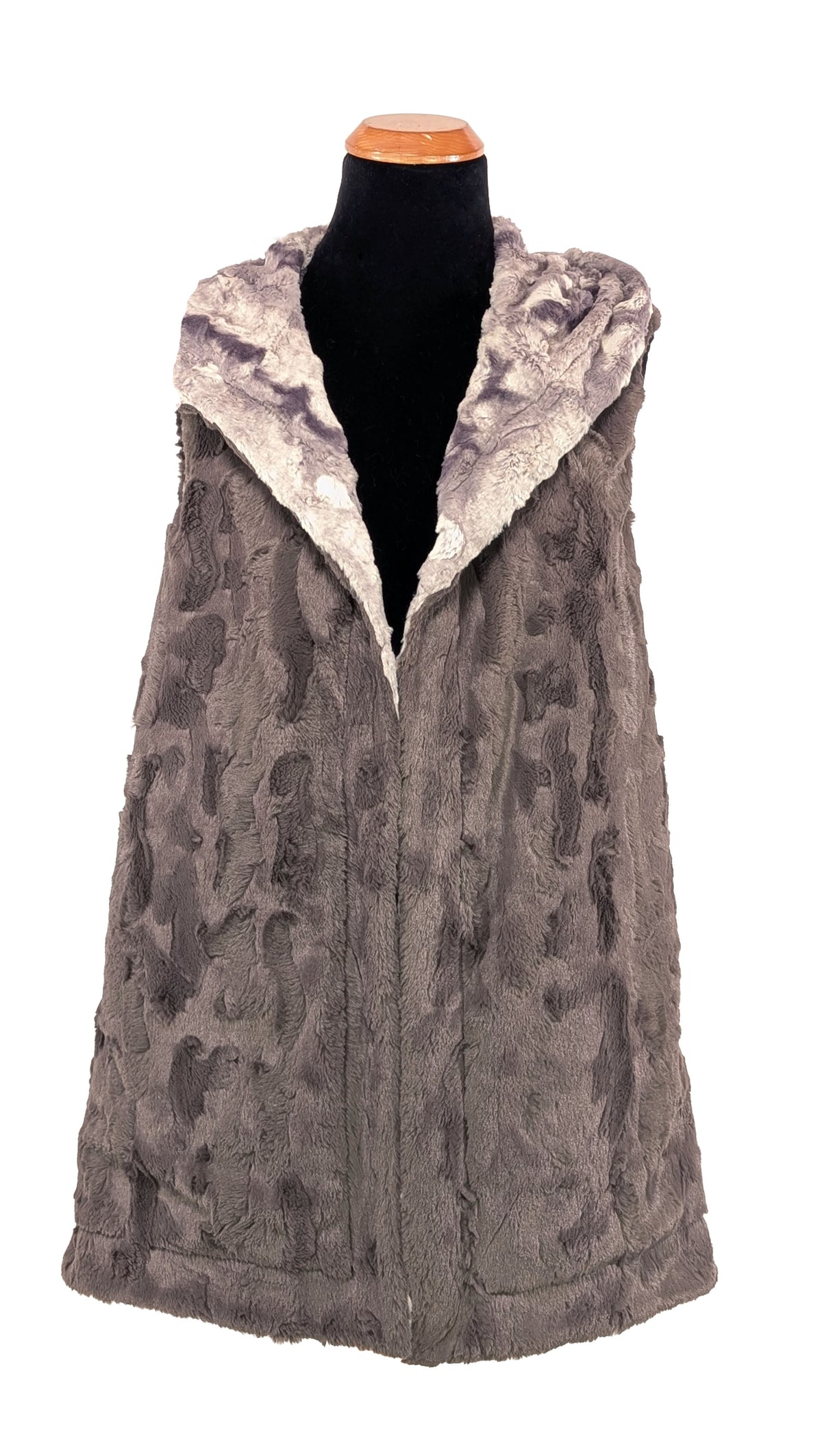 Oversized Hooded Vest in Luxury Faux Fur in White Water with Cuddly Faux Fur Gray shown in the reverse.  Handmade  in Seattle, WA , USA by Pandemonium Seattle.