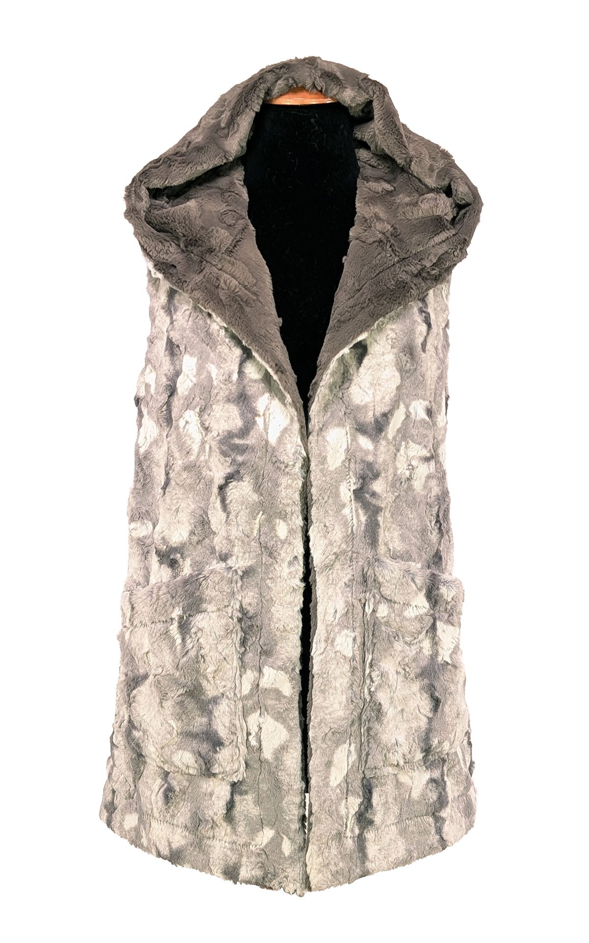 Oversized Hooded Vest in Luxury Faux Fur in White Water with Cuddly Faux Fur Gray.  Handmade  in Seattle, WA , USA by Pandemonium Seattle.