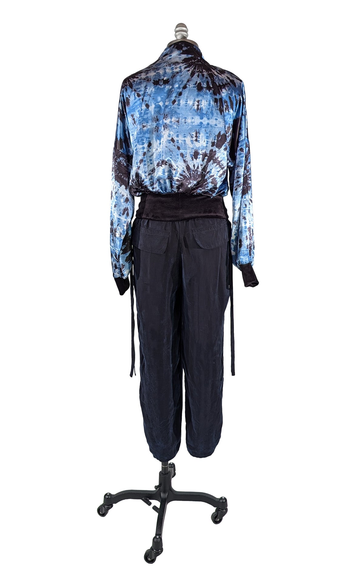Pleated Ankle Jogger Pants in Obsidian Black shown from the back view. Made in Seattle, WA, USA by Pandemonium Seattle.