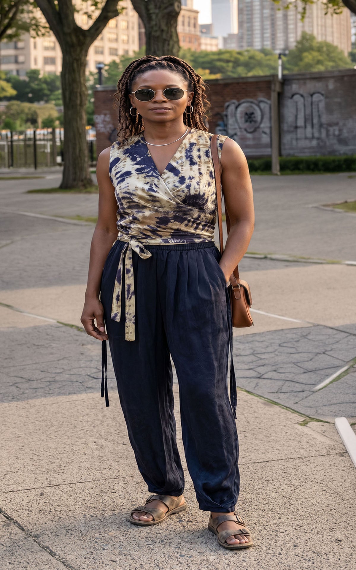 A woman wearing the Wrap Top in Egyptian Oasis with Obisidian Pleated Ankle Jogger Pants. Made in Seattle, WA, USA by Pandemonium Seattle.
