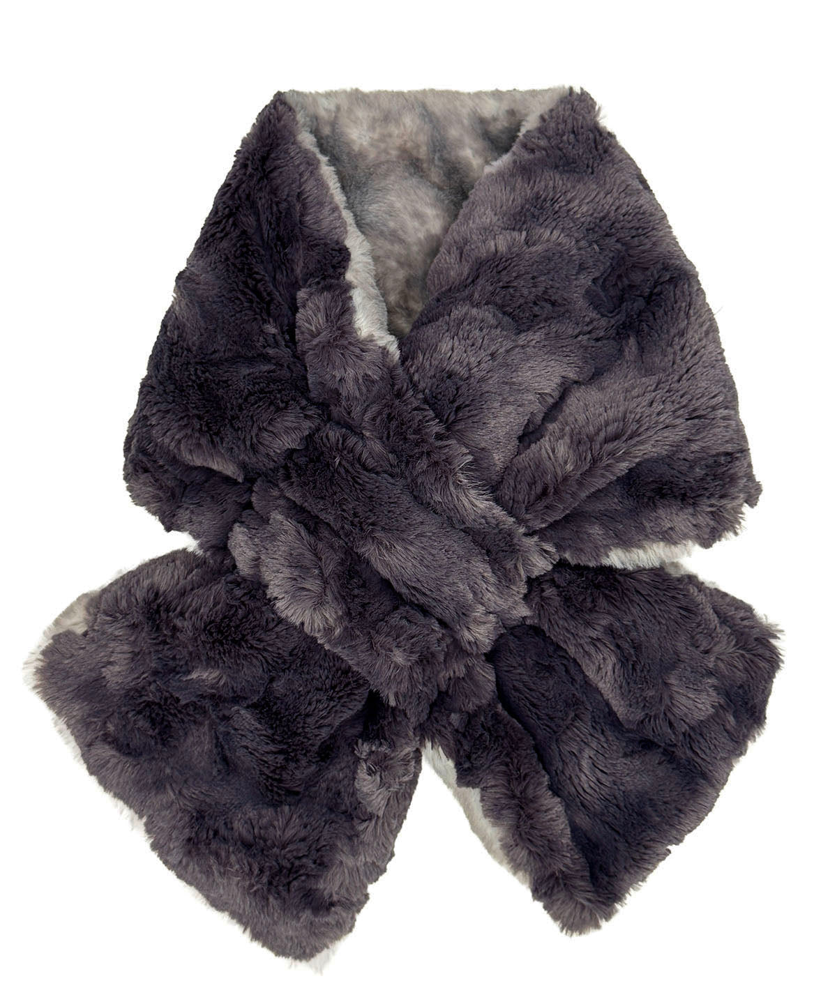 Pull-Thru Scarf in Luxury Coastal Plush Olympia Fog with Cuddly Smoky on the reverse side. Shown with scarf tied. Made in Seattle, WA, USA by Pandemonium Seattle.