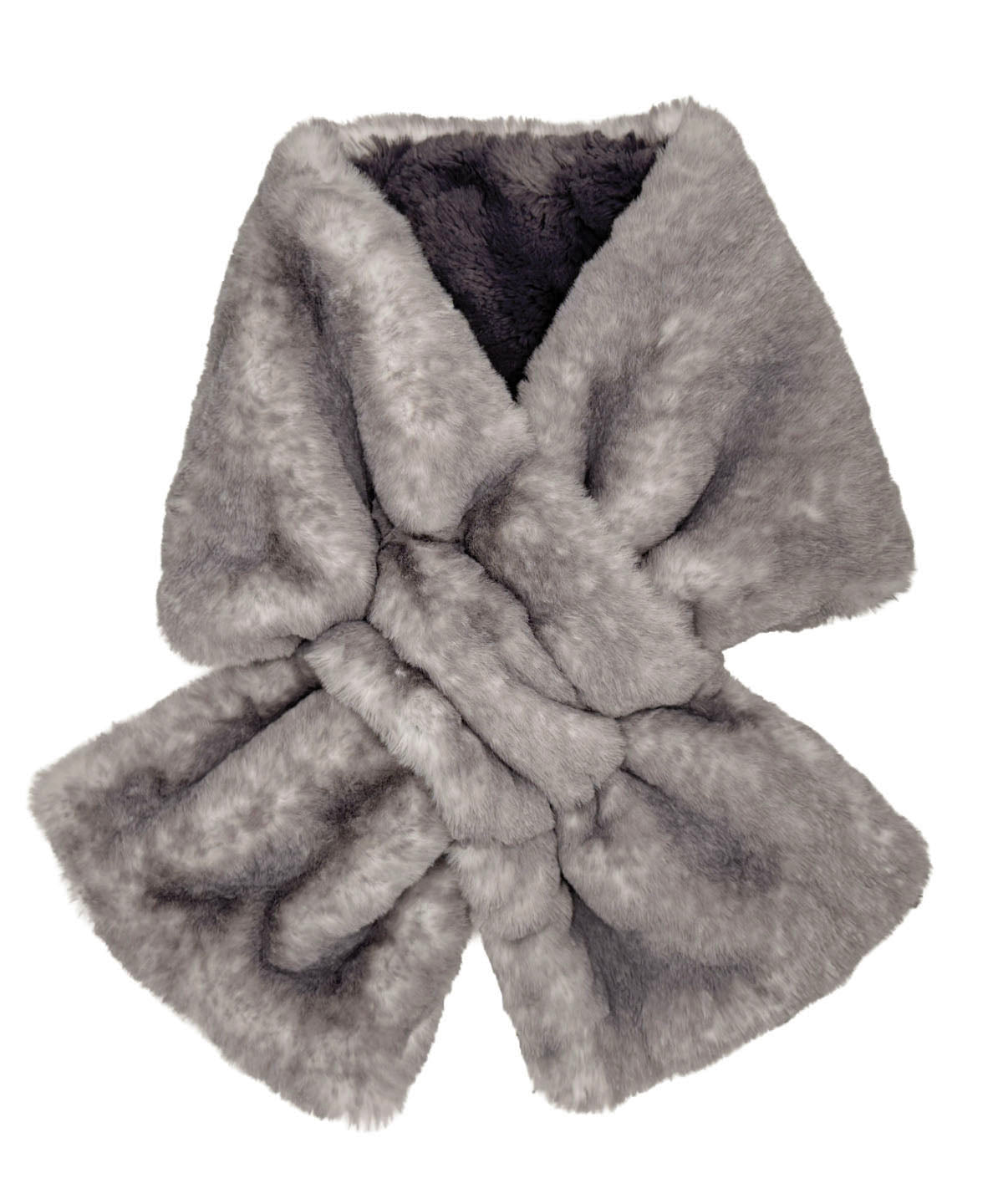 Pull-Thru Scarf in Luxury Coastal Plush Olympia Fog with Cuddly Smoky on the reverse side. Shown with scarf tied. Made in Seattle, WA, USA by Pandemonium Seattle.