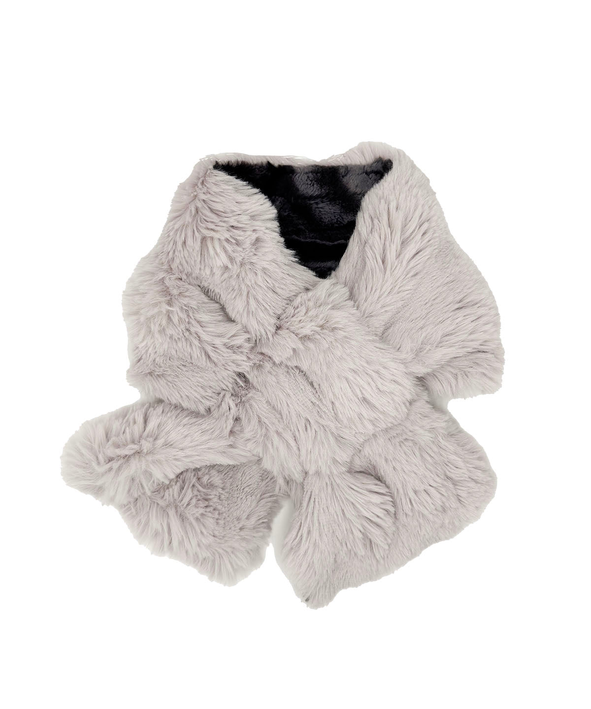 A soft Pull-Thru Scarf in Fairy Dust faux fur with the reverse side in Marble Black Dune faux fur. The scarf is reversible and easily styled using the satin-lined pull-thru. Made in Seattle, WA, USA by Pandemonium Seattle.