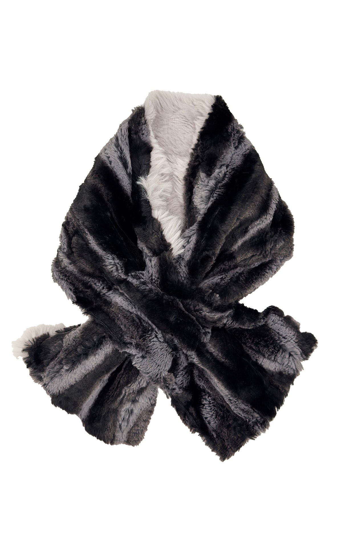 A soft Pull-Thru Scarf in Fairy Dust faux fur with the reverse side in Marble Black Dune faux fur. The scarf is reversible and easily styled using the satin-lined pull-thru. Made in Seattle, WA, USA by Pandemonium Seattle.