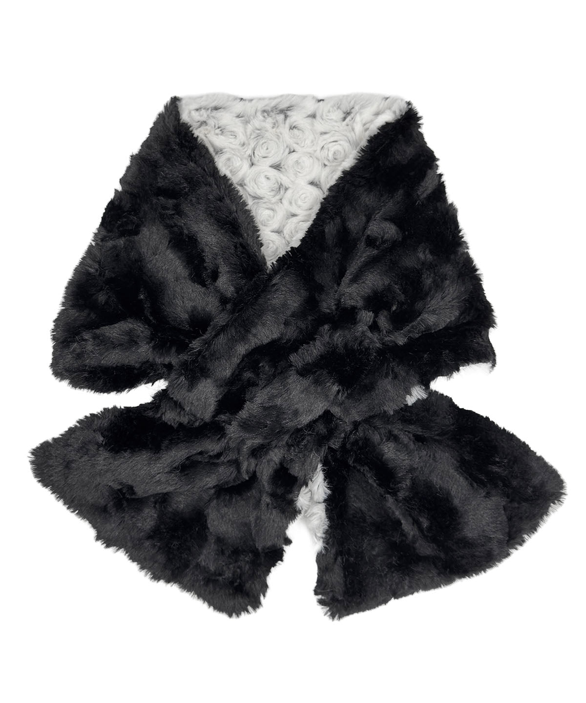 Pull-Thru-Scarf in Rosebud Black shown with reverse Cuddly Black side and tied. Made in Seattle, WA, USA by Pandemonium Seattle.