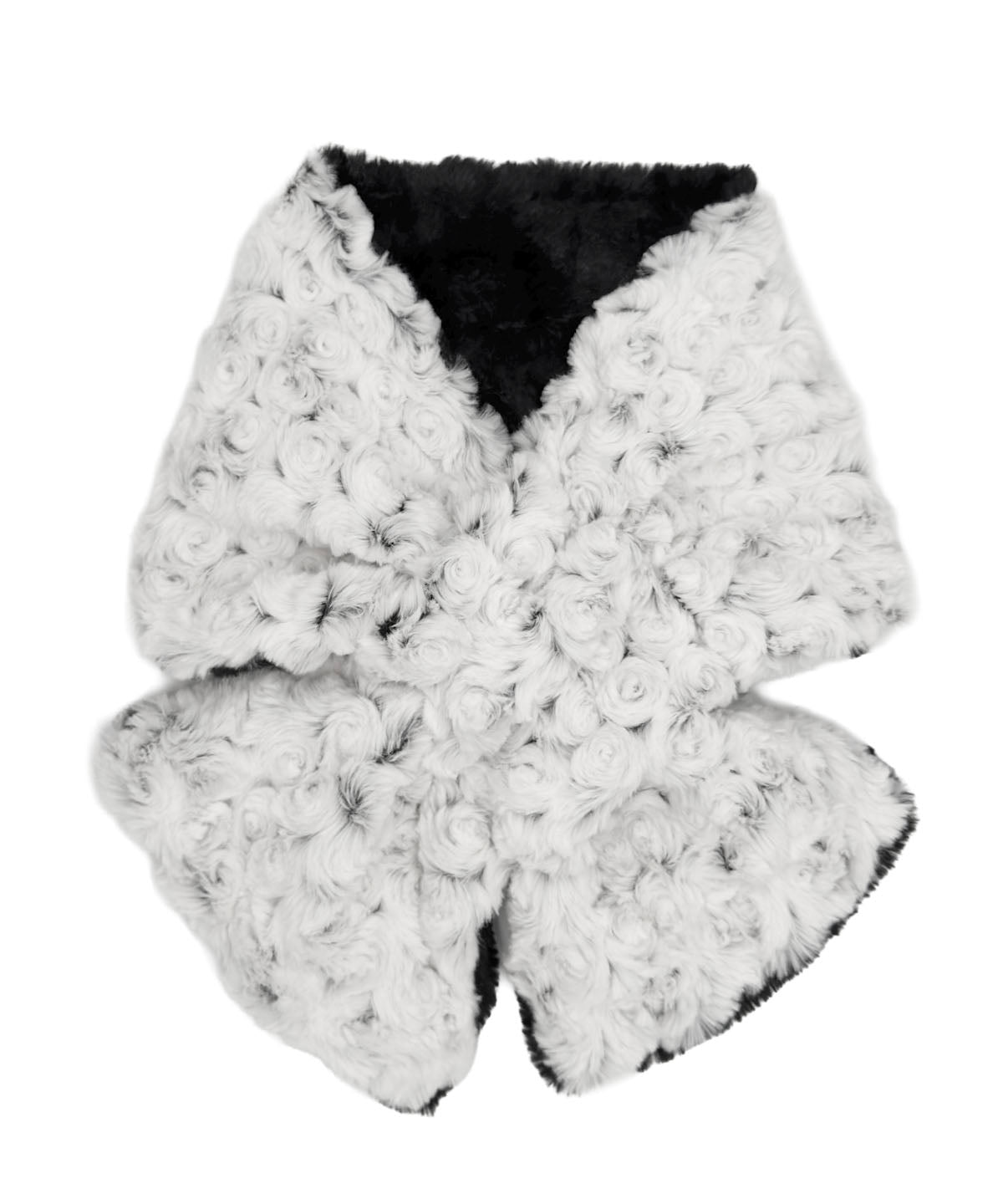 Pull-Thru-Scarf in Rosebud Black shown tied. Made in Seattle, WA, USA by Pandemonium Seattle.