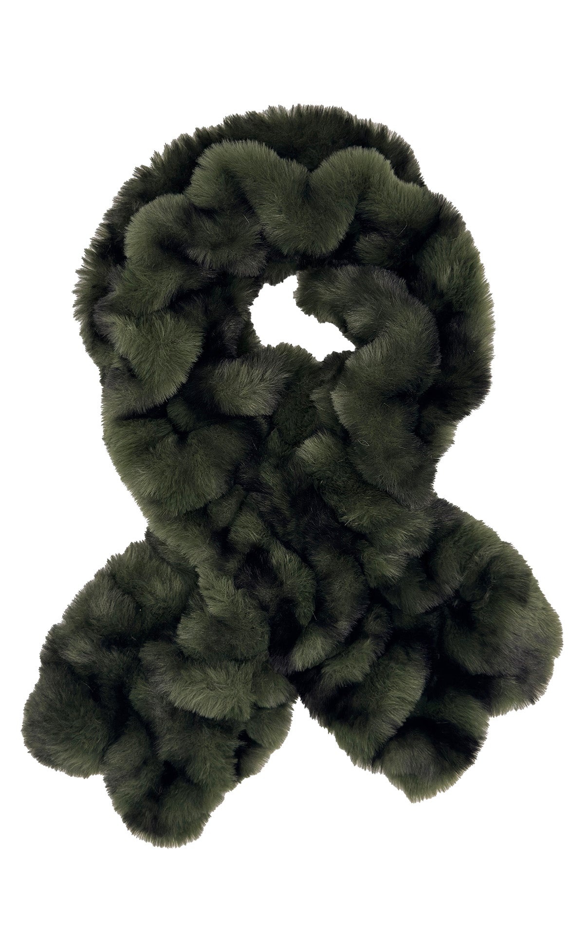 The super plush Royal Opulence Pull-Thru Scarf in Black Pine, a dark, rich combination of deep forest green and black. Made in Seattle, WA, USA by Pandemonium Seattle.
