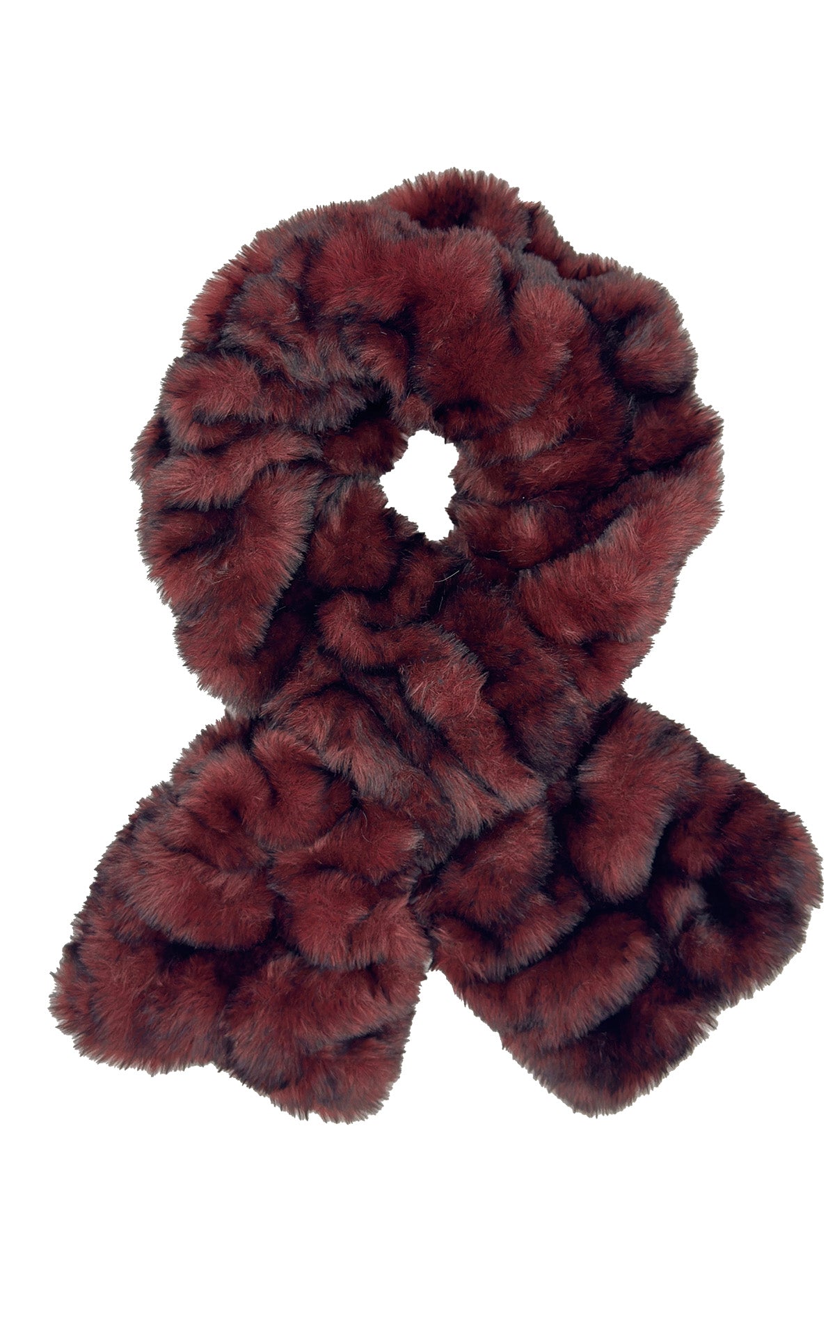 The super plush Royal Opulence Pull-Thru Scarf in Cherry Bomb, an intriguing mix of deep cherry tones with black. Made in Seattle, WA, USA by Pandemonium Seattle.