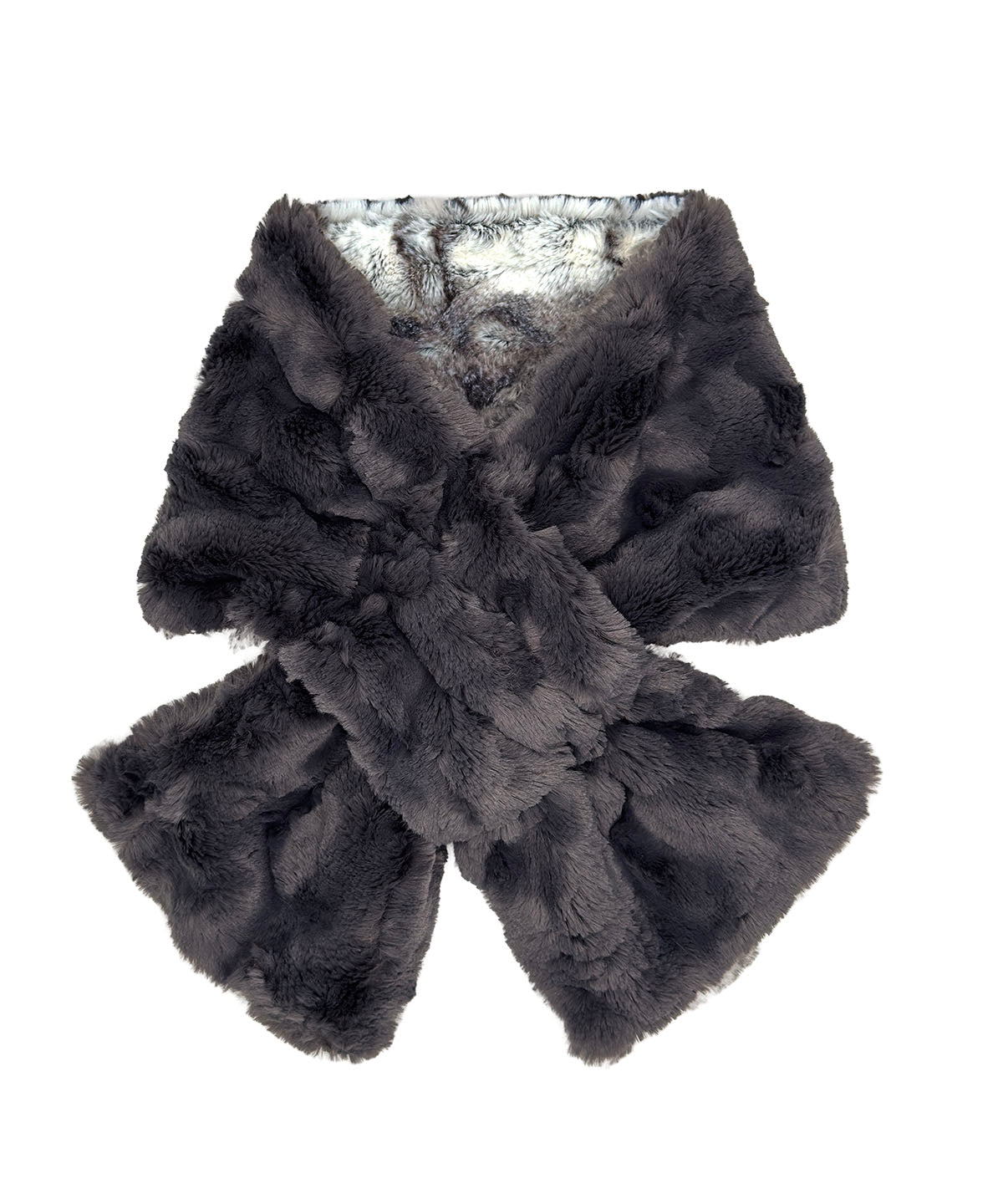 Pull-Thru Scarf in Luxury Smoke Show Faux Fur With Cuddly Smoky on the reverse side. Shown with scarf tied. Made in Seattle, WA, USA by Pandemonium Seattle.