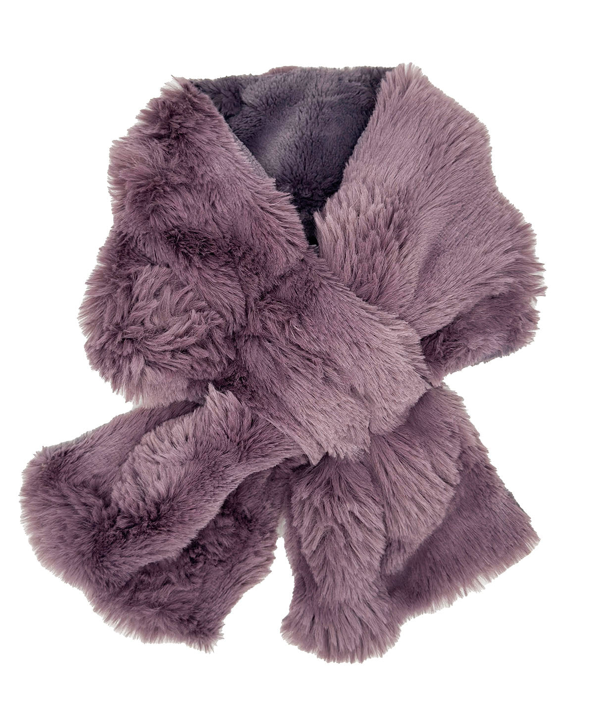 A soft Pull-Thru Scarf in Sugar Plum faux fur with the reverse side in Cool Gray  faux fur. The scarf is reversible and easily styled using the satin-lined pull-thru. Made in Seattle, WA, USA by Pandemonium Seattle.