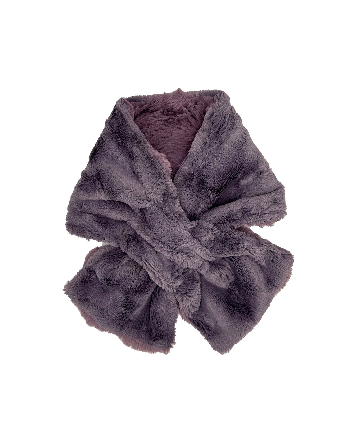 A soft Pull-Thru Scarf in Sugar Plum faux fur with the reverse side in Cool Gray  faux fur. The scarf is shown reversed with Cool Gray, and is easily styled using the satin-lined pull-thru. Made in Seattle, WA, USA by Pandemonium Seattle.