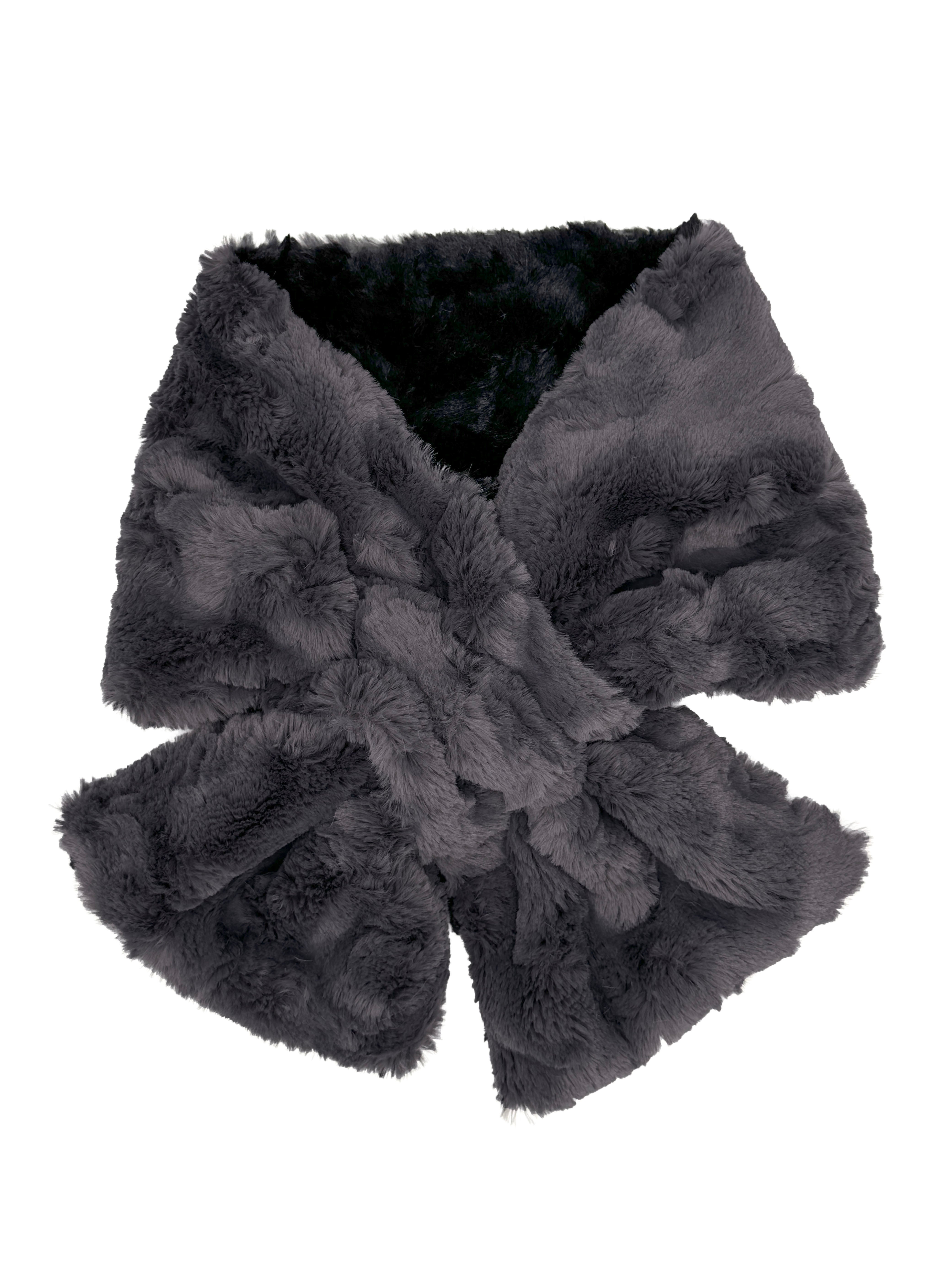 Pull-Thru Scarf in Cuddly Smoky with Cuddly Black on reverse side. Shown with scarf tied. Made in Seattle, WA, USA by Pandemonium Seattle.