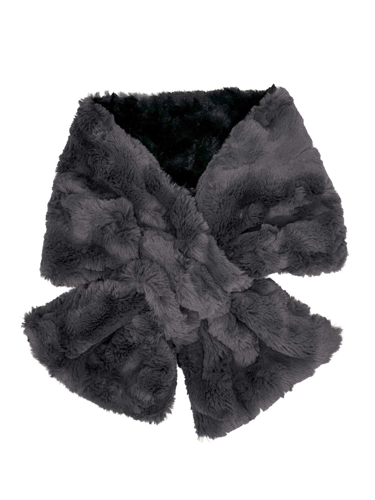 Pull-Thru Scarf in Cuddly Smoky with Cuddly Black on reverse side. Shown with scarf tied. Made in Seattle, WA, USA by Pandemonium Seattle.