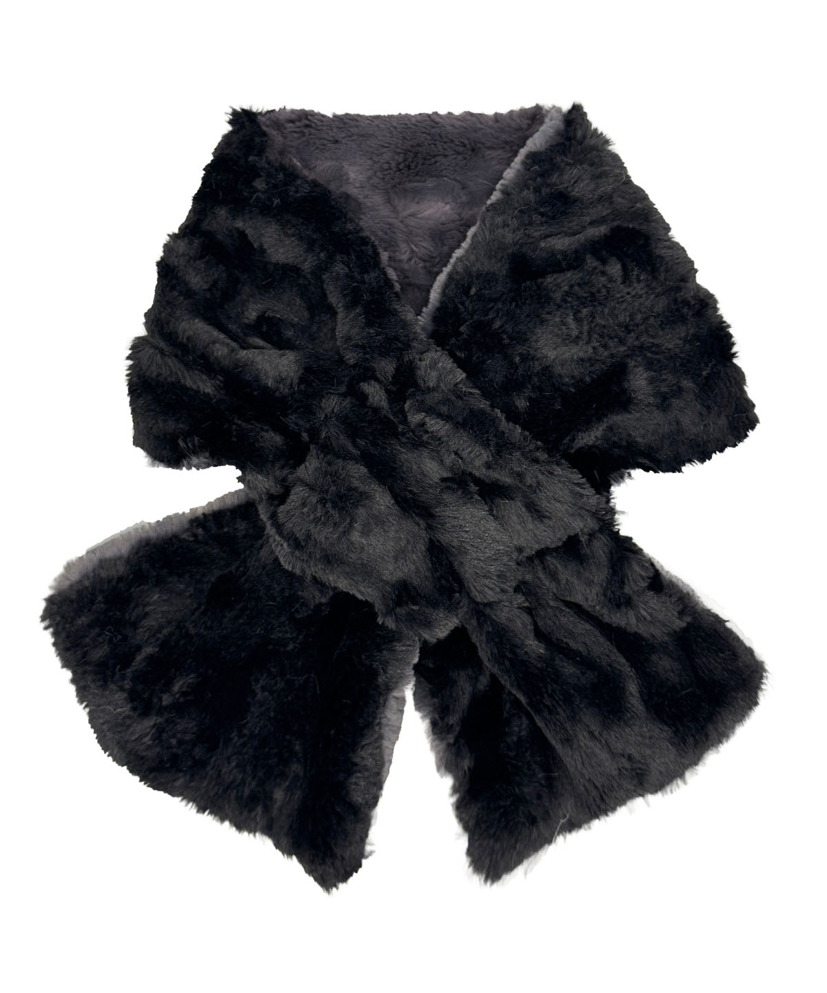 Pull-Thru Scarf in Cuddly Smoky with Cuddly Black on reverse side. Shown with scarf tied. Made in Seattle, WA, USA by Pandemonium Seattle.