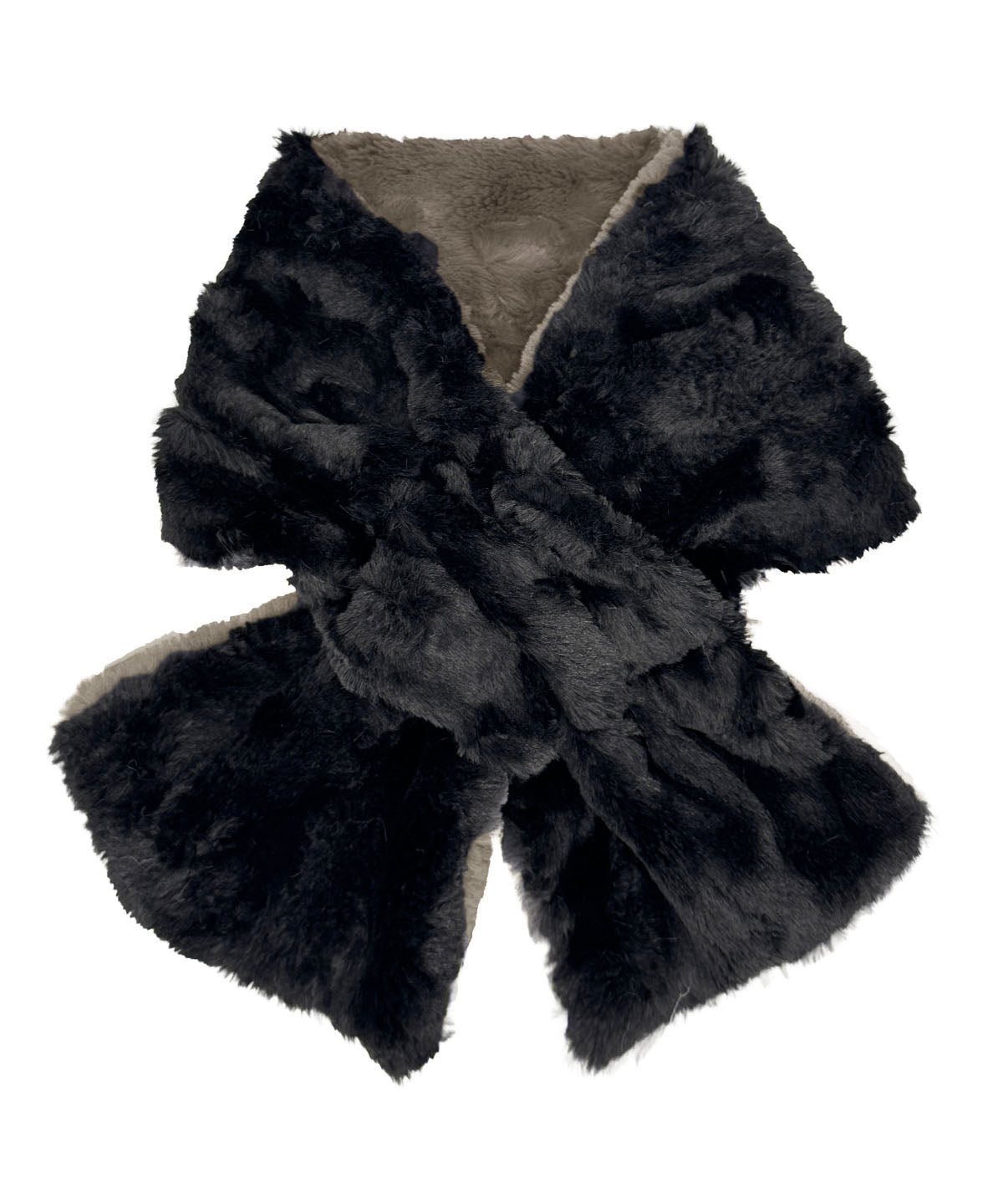 Pull-Thru Scarf in Cuddly Taupey with Cuddly Black on the reverse side. Shown with scarf tied. Made in Seattle, WA, USA by Pandemonium Seattle.
