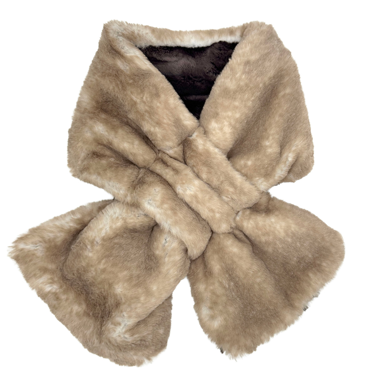 Pull-Thru Scarf in Luxury Coastal Plush Golden Bluff with Espresso Bean on the reverse side. Shown with scarf tied. Made in Seattle, WA, USA by Pandemonium Seattle.