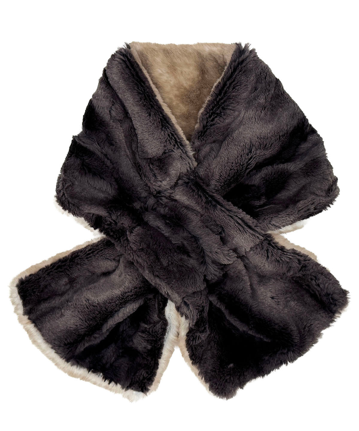 Pull-Thru Scarf in Luxury Coastal Plush Golden Bluff with Espresso Bean on the reverse side. Shown with Espresso Bean with scarf tied. Made in Seattle, WA, USA by Pandemonium Seattle.