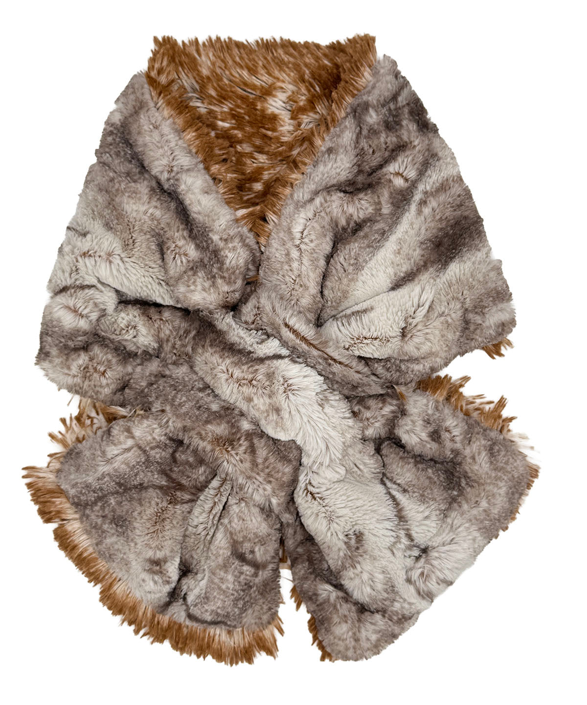 Pull-Thru Scarf in Luxury Classic Rusty Rock with Cuddly Taupey on reverse side. Shown with scarf tied. Made in Seattle, WA, USA by Pandemonium Seattle.