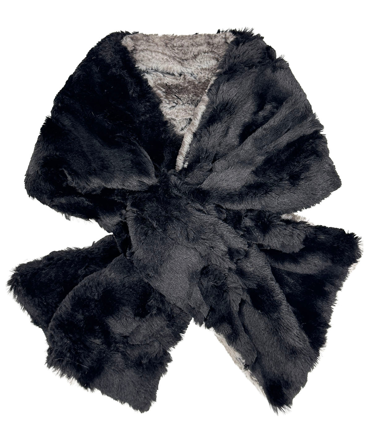 Pull-Thru Scarf in Luxury Classic Faux Fur Rock Steady with Cuddly Black on reverse side. Shown with scarf tied. Made in Seattle, WA, USA by Pandemonium Seattle.