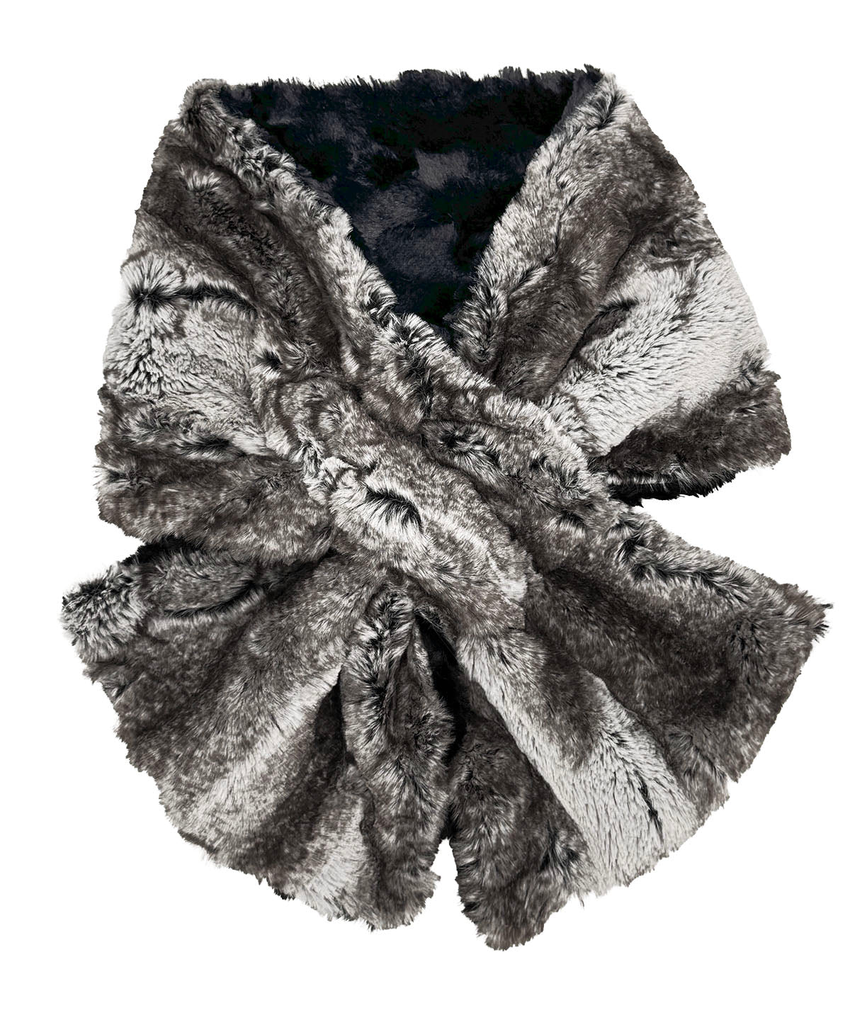 Pull-Thru Scarf in Luxury Classic Faux Fur Rock Steady with Cuddly Black on reverse side. Shown with scarf tied. Made in Seattle, WA, USA by Pandemonium Seattle.
