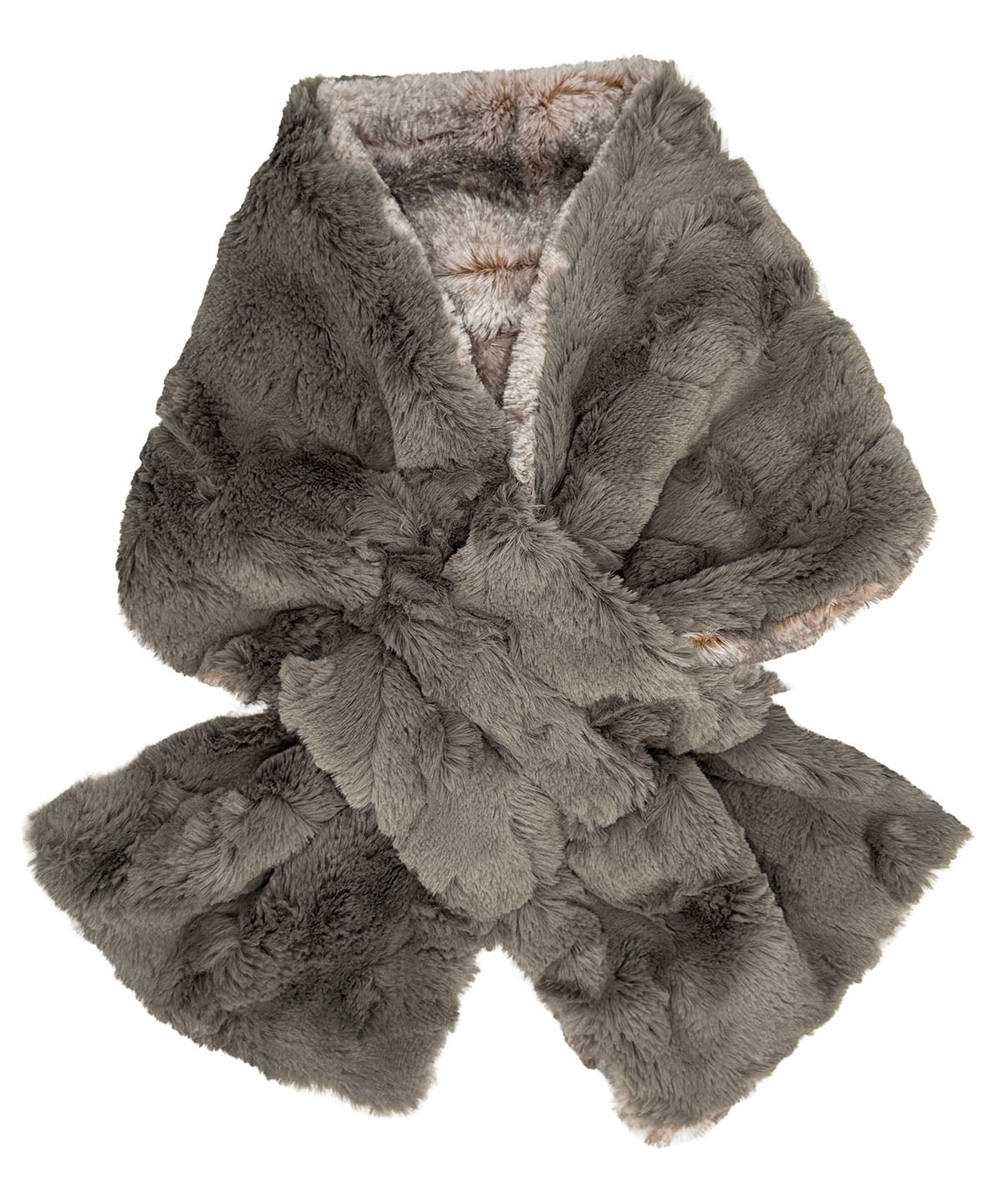Pull-Thru Scarf in Luxury Classic Rusty Rock with Cuddly Taupey on reverse side. Shown Cuddly Taupey side with scarf tied. Made in Seattle, WA, USA by Pandemonium Seattle.