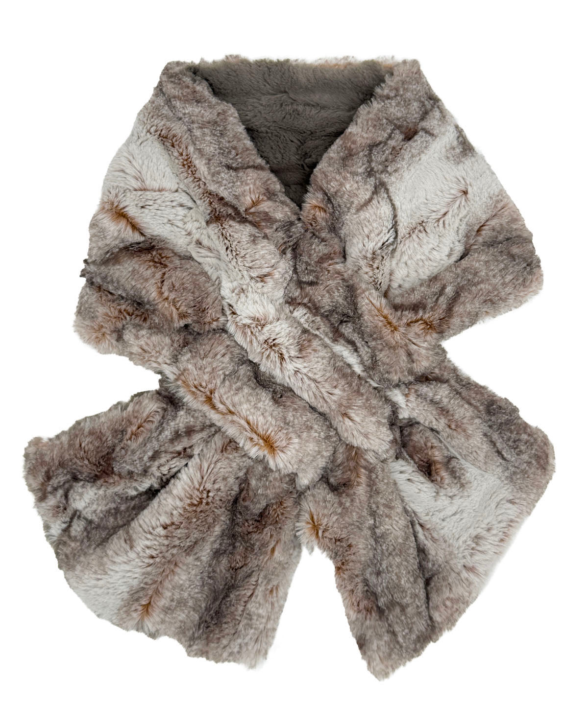 Pull-Thru Scarf in Luxury Classic Rusty Rock with Cuddly Taupey on reverse side. Shown with scarf tied. Made in Seattle, WA, USA by Pandemonium Seattle.