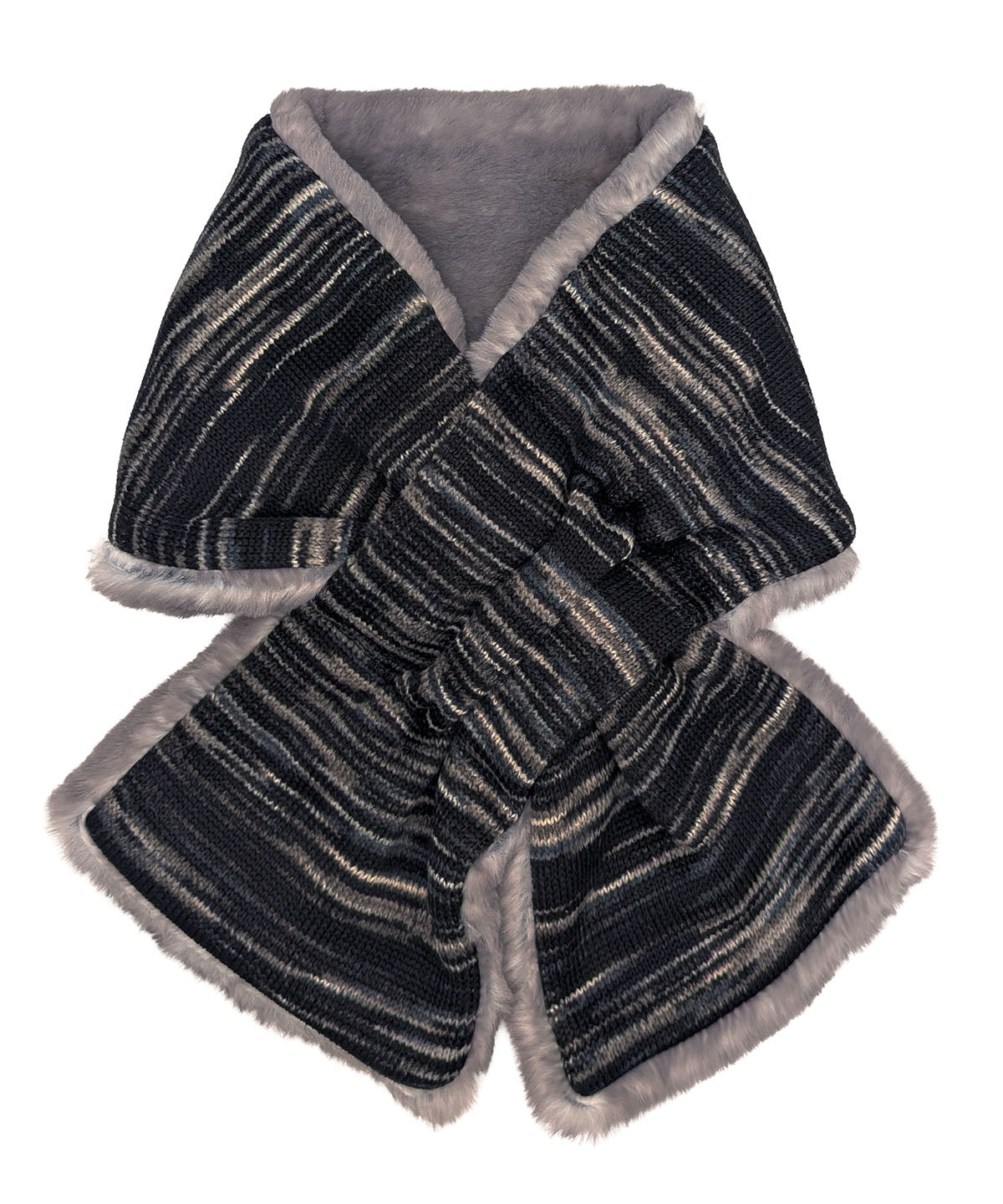 Pull-Thru Scarf in Sweet Stripes English Toffee with Golden Bluff Faux Fur. Made in Seattle, WA, USA by Pandemonium Seattle.