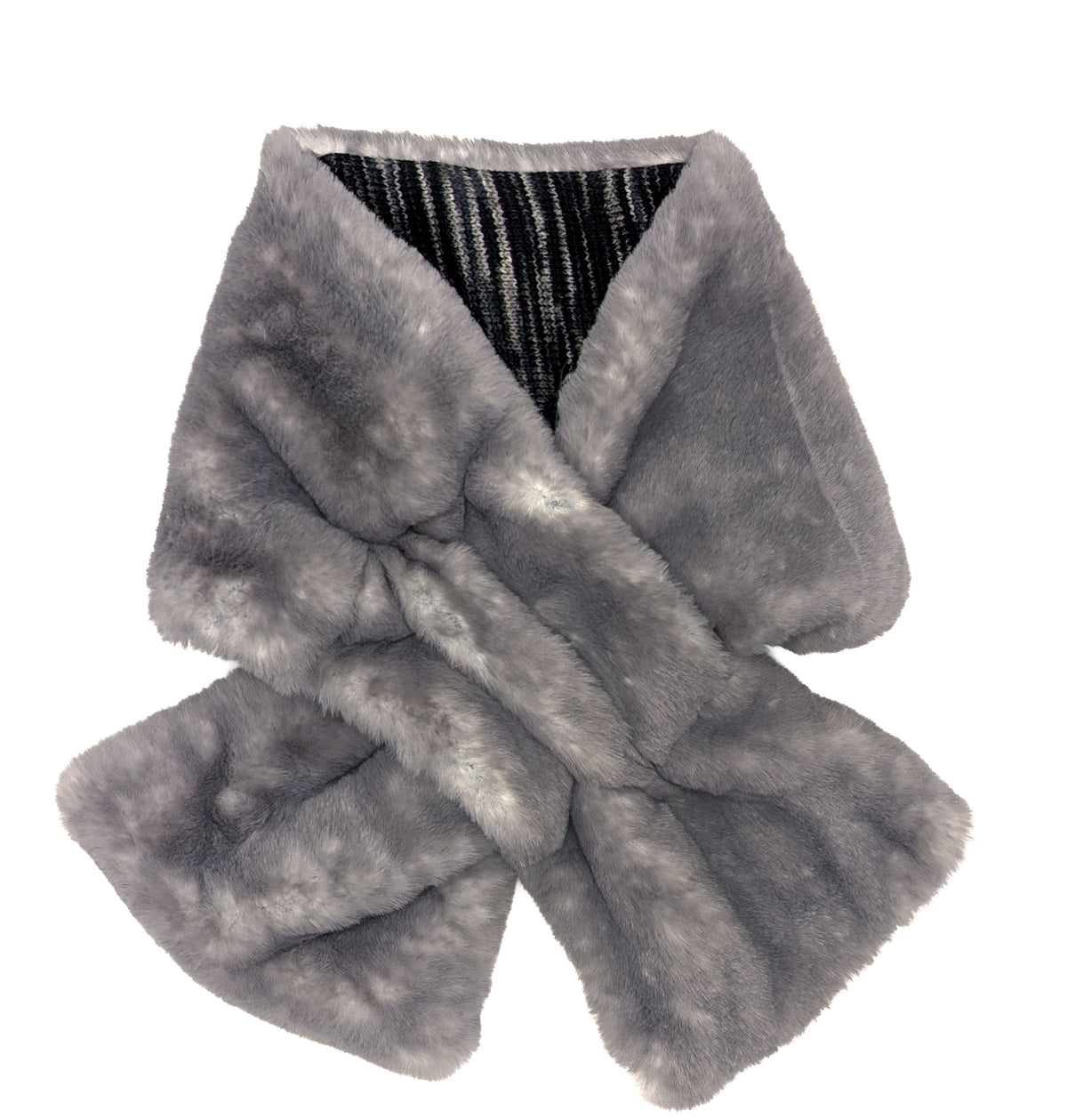 Pull-Thru Scarf in Sweet Stripes Blackberry Cobbler with Olympic Fog Faux Fur. Shown reversed with Olympic Fog side. Made in Seattle, WA, USA by Pandemonium Seattle.