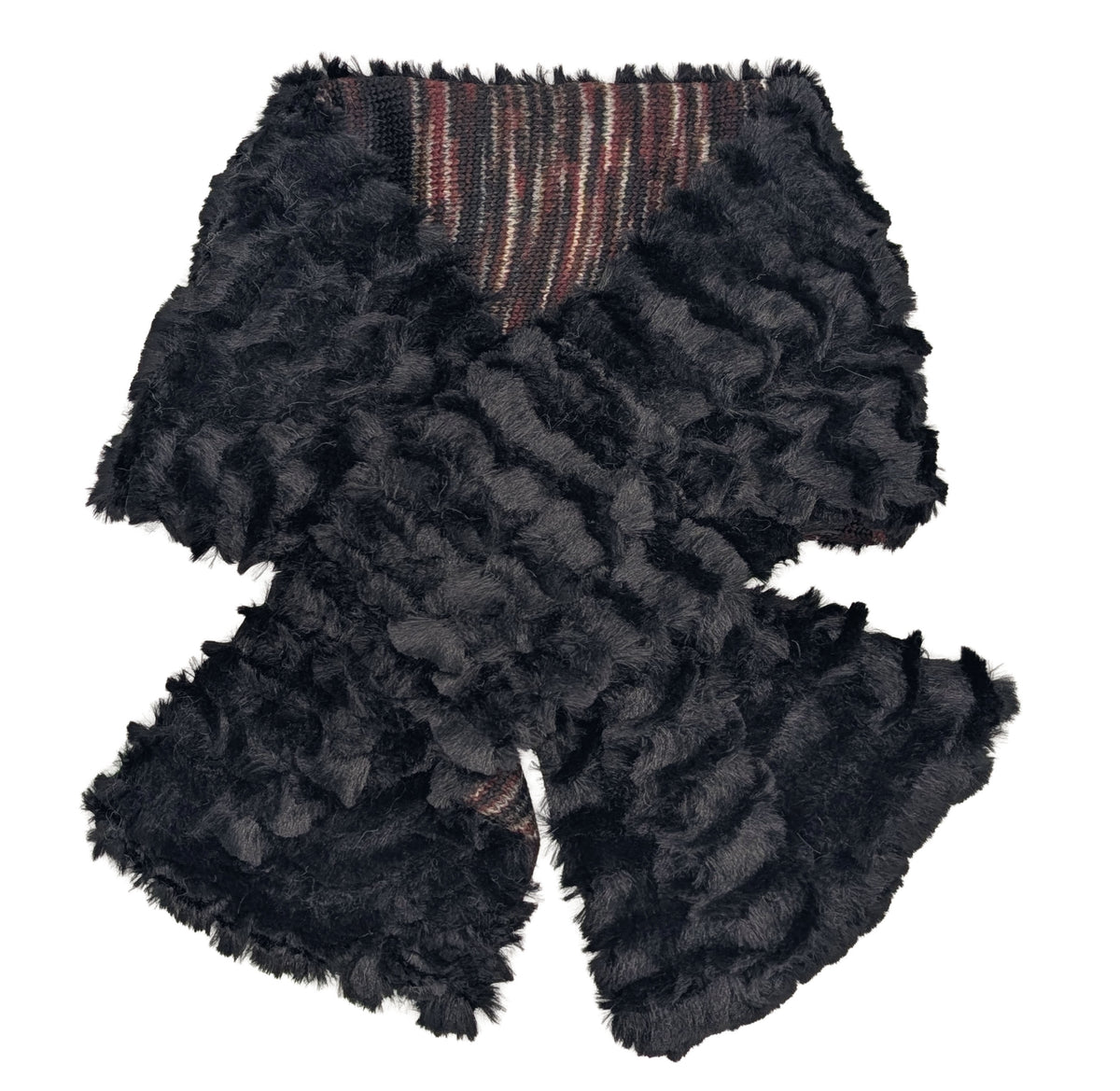 Pull-Thru Scarf in Sweet Stripes Cherry Cordial with Desert Sand Midnight Faux Fur. Shown reversed with Desert Sand Midnight side. Made in Seattle, WA, USA by Pandemonium Seattle.