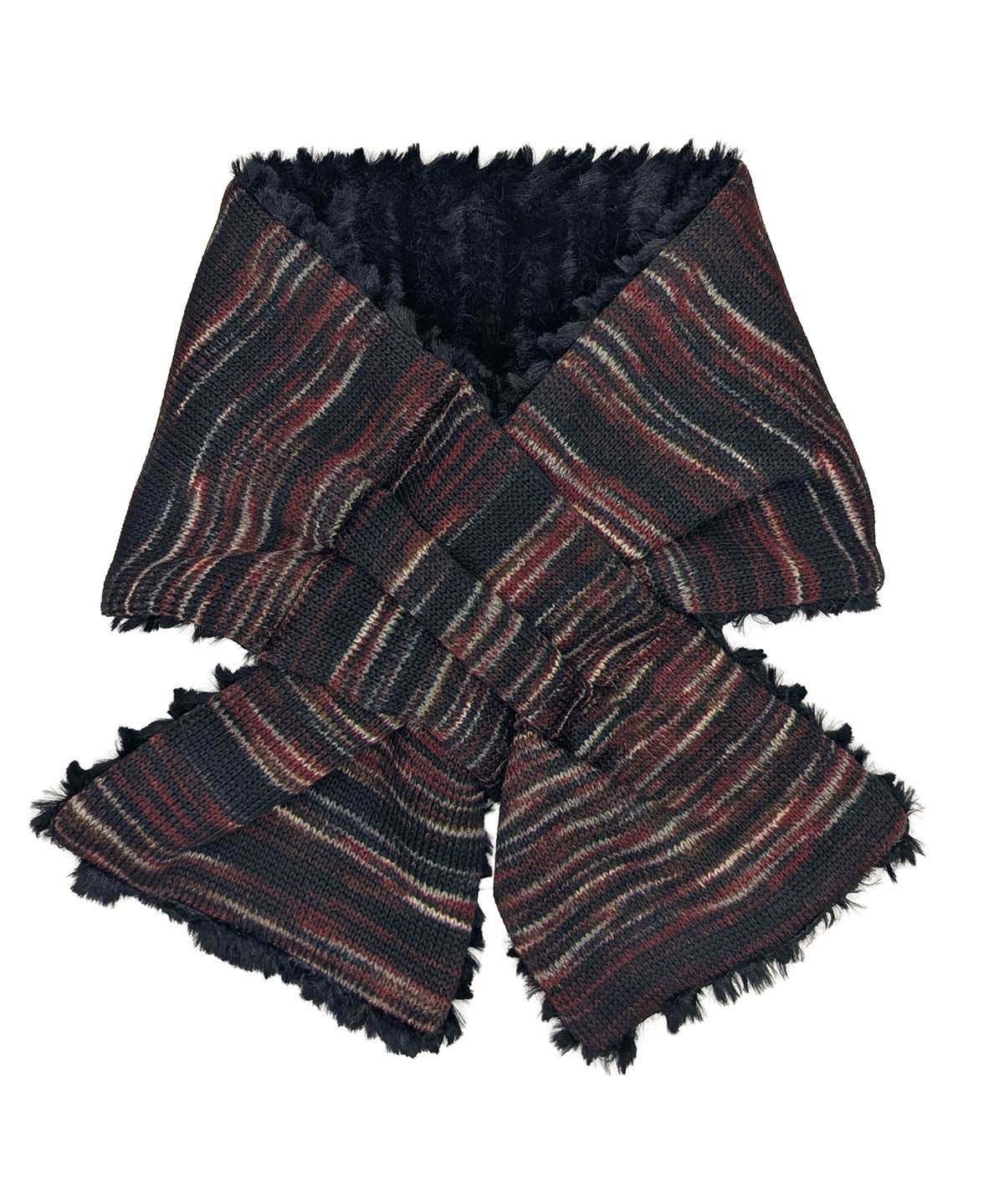 Pull-Thru Scarf in Sweet Stripes Cherry Cordial with Desert Sand Midnight Faux Fur. Made in Seattle, WA, USA by Pandemonium Seattle.