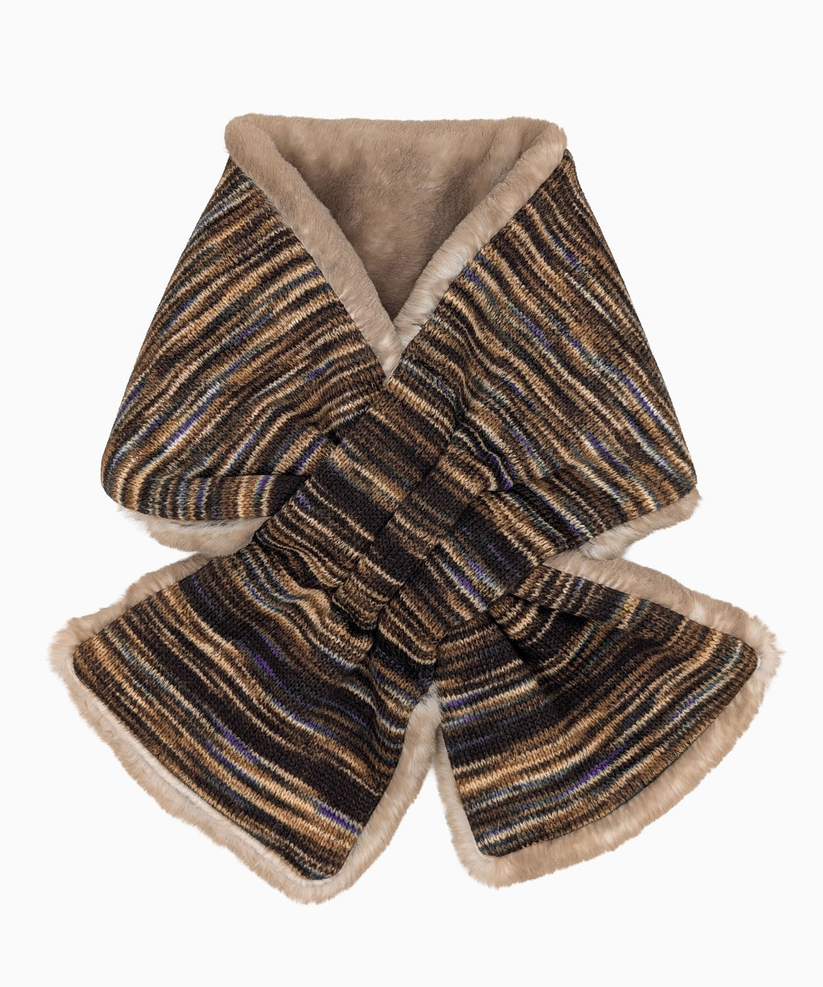 Pull-Thru Scarf in Sweet Stripes English Toffee with Golden Bluff Faux Fur. Made in Seattle, WA, USA by Pandemonium Seattle.