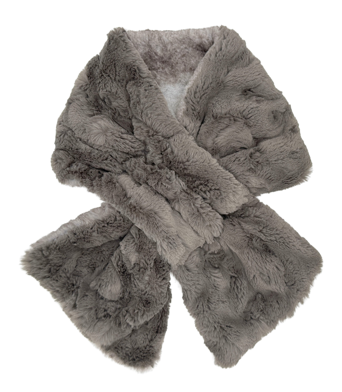 Pull-Thru Scarf in Luxury Driftwood Faux Fur with Cuddly Taupey on the reverse side. Shown with scarf tied. Made in Seattle, WA, USA by Pandemonium Seattle.