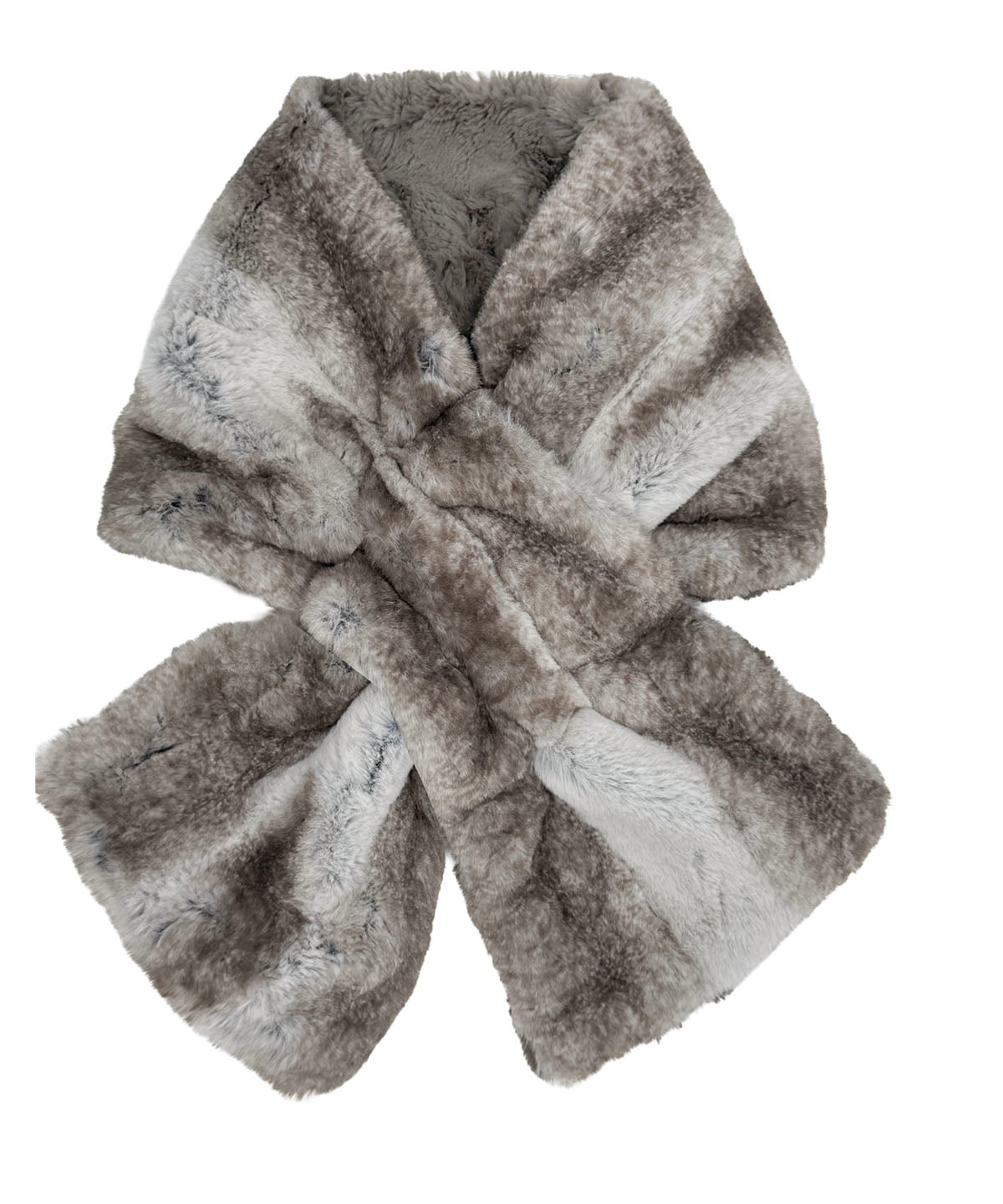 Pull-Thru Scarf in Luxury Driftwood Faux Fur with Cuddly Taupey on the reverse side. Shown with scarf tied. Made in Seattle, WA, USA by Pandemonium Seattle.