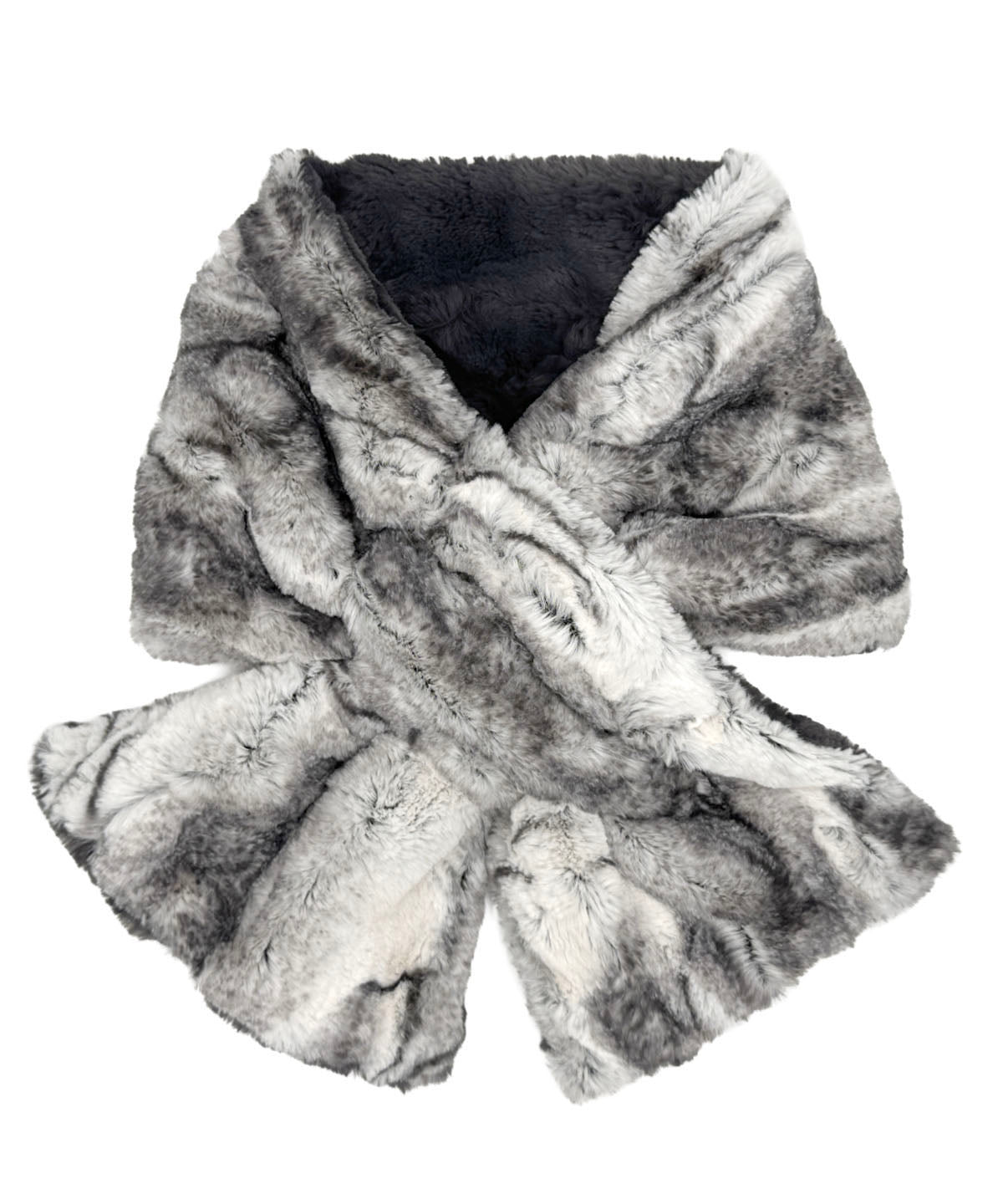 Pull-Thru Scarf in Luxury Smoke Show Faux Fur With Cuddly Smoky on the reverse side. Shown with scarf tied. Made in Seattle, WA, USA by Pandemonium Seattle.